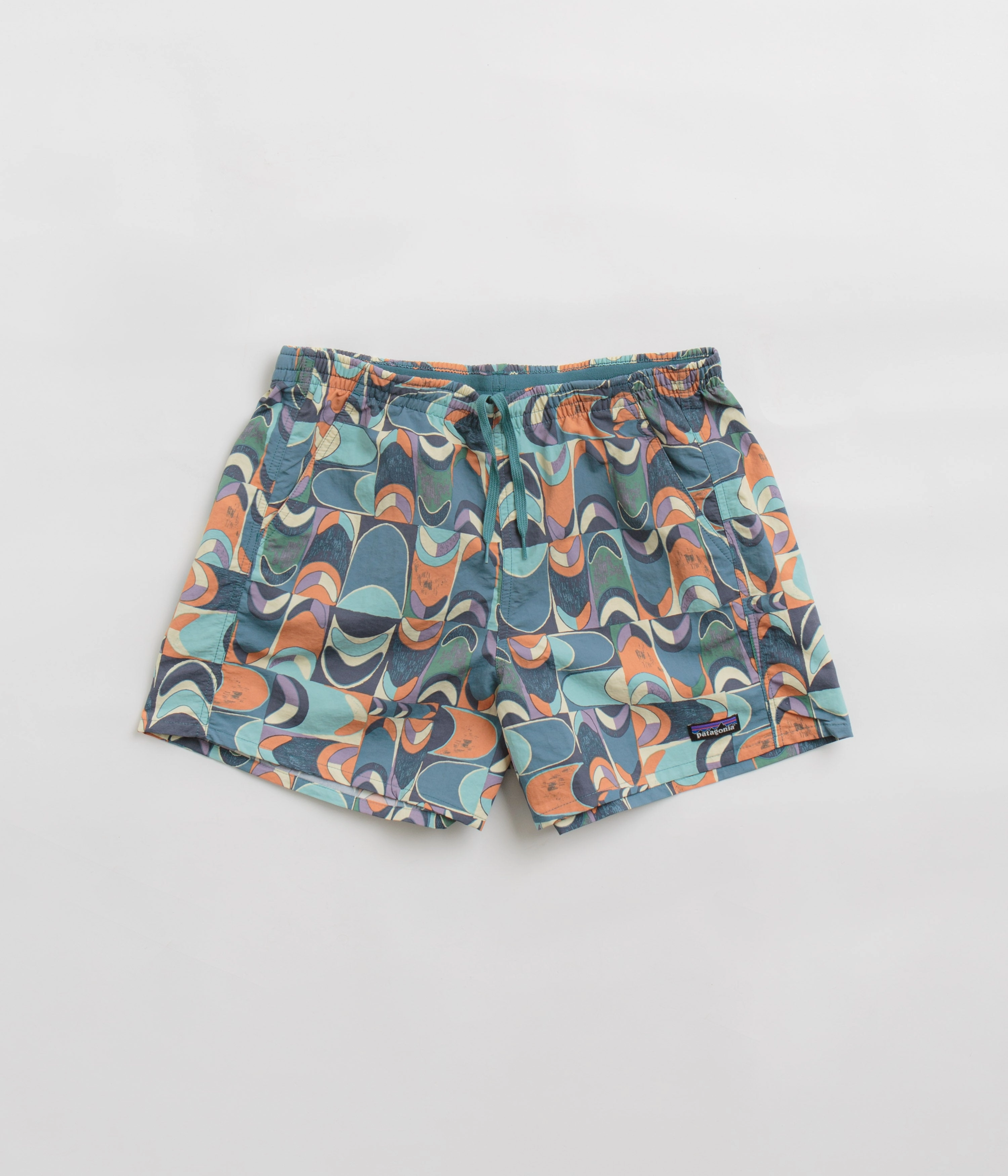Patagonia Womens Baggies 5" Shorts - Swallowtail Geo: Still Blue Patchwork Design Warm Weather Style