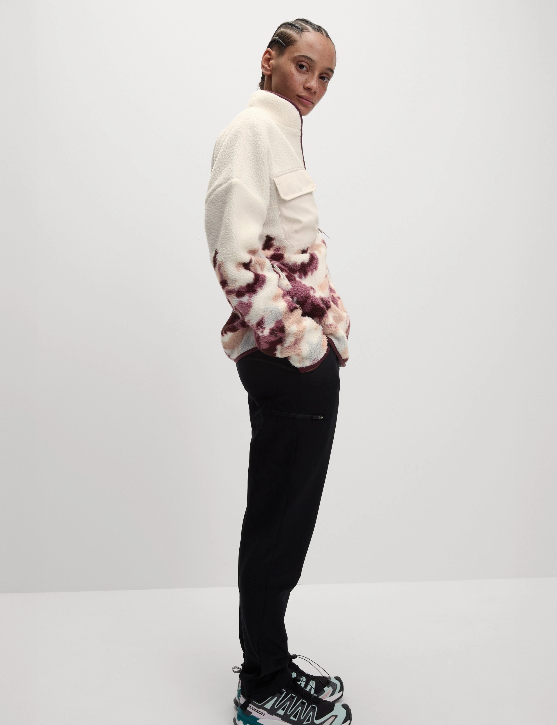 Soft Fleece Interior Layered Collar Design Borg Printed Funnel Neck Zip Up Fleece Jacket - Ivory Mix