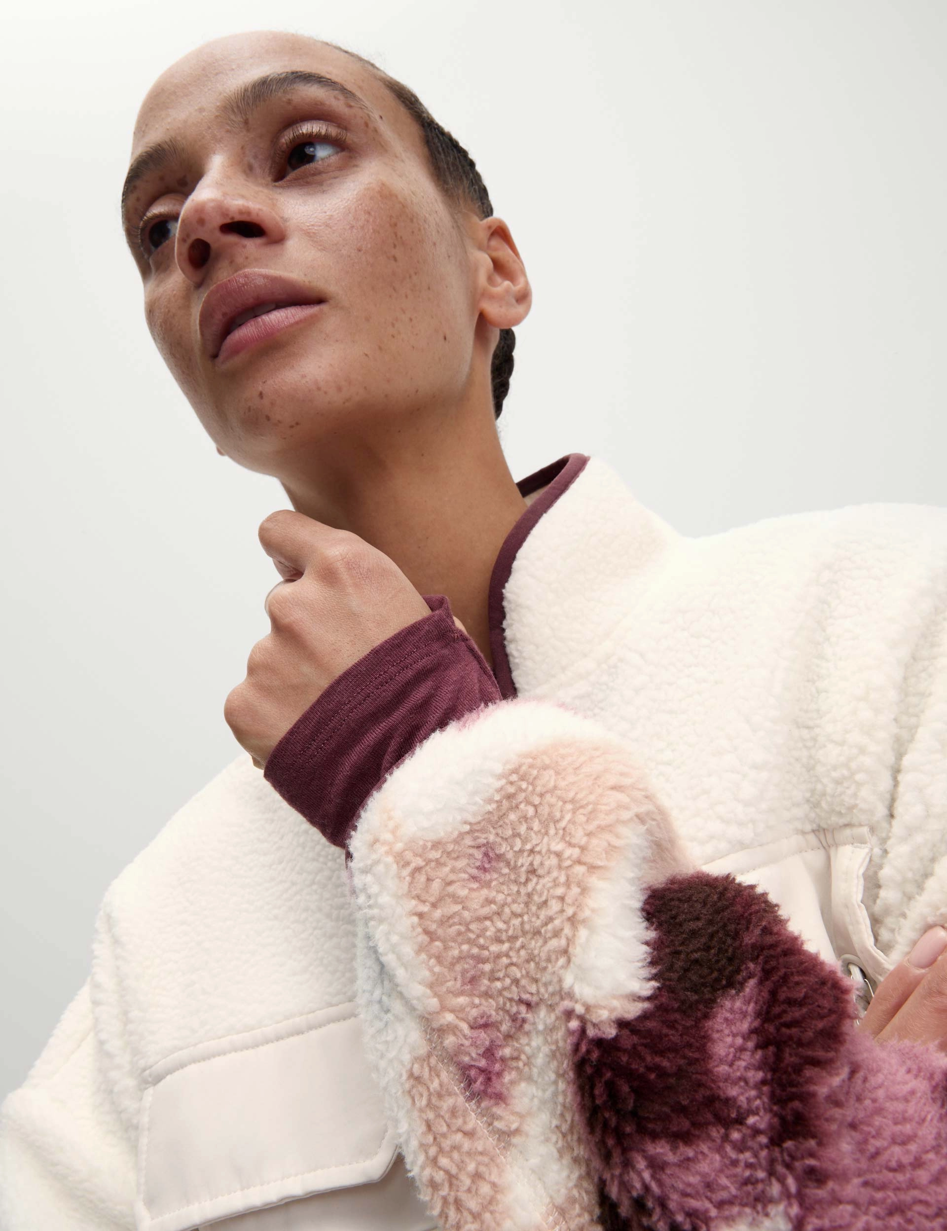 Borg Printed Funnel Neck Zip Up Fleece Jacket - Ivory Mix Non Restrictive Armholes Adjustable Hemline