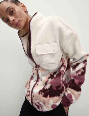 color block Borg Printed Funnel Neck Zip Up Fleece Jacket - Ivory Mix
