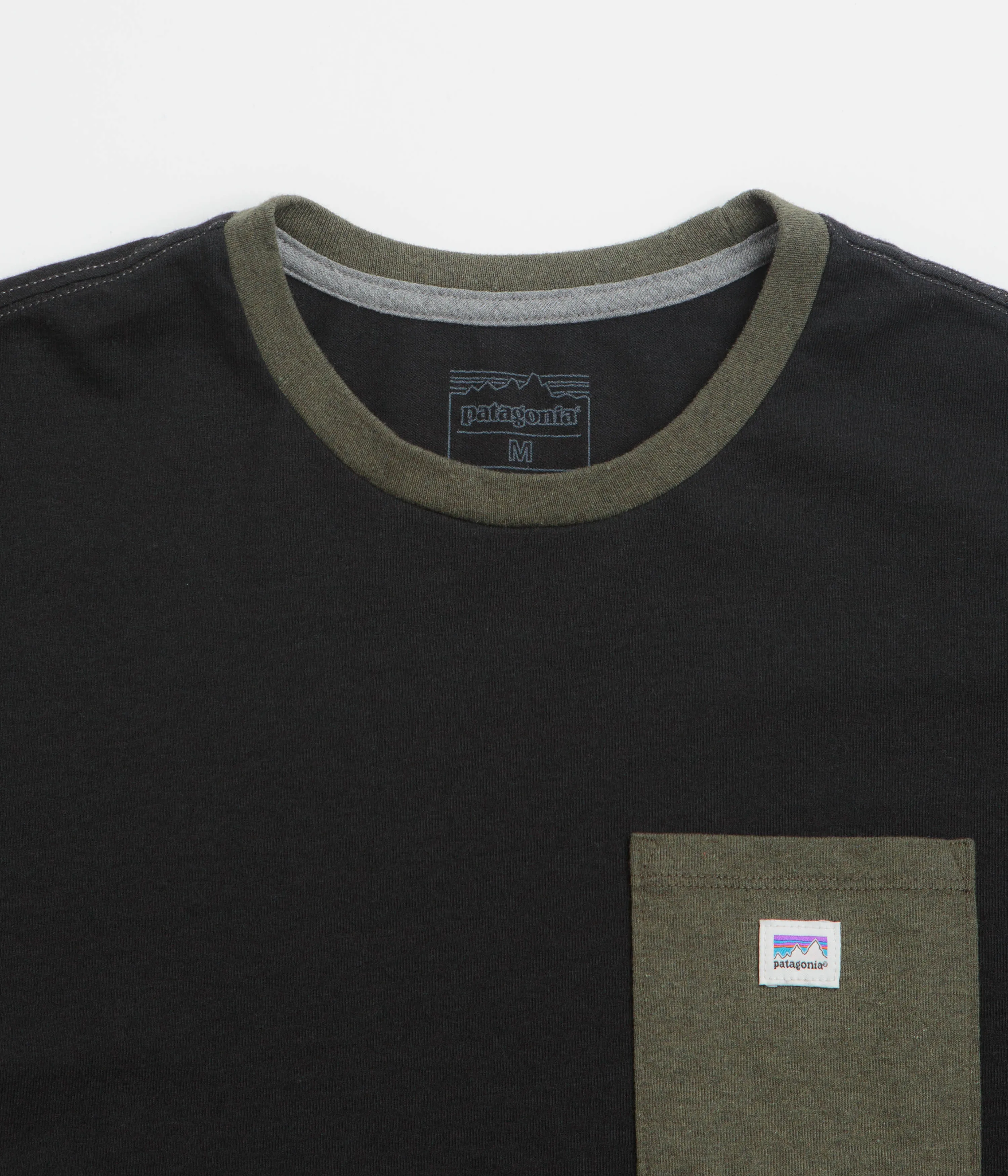 Patagonia Shop Sticker Pocket Responsibili-Tee T-Shirt - Black / Basin Green Quiet neighborhood