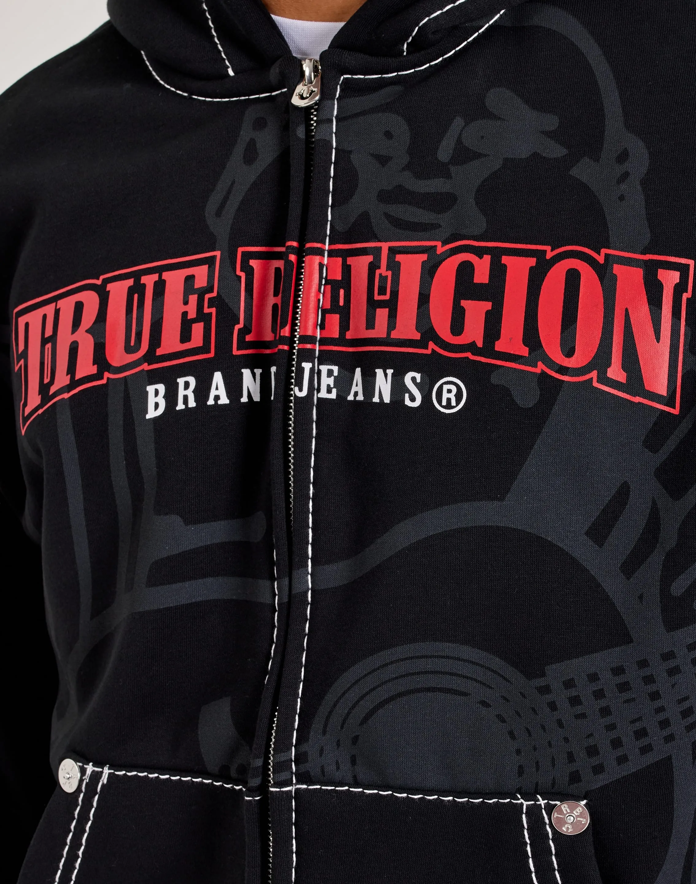 OdorResistant Adjustable Waistband True Religion Anniversary Big-T Zip Fleece Hoodie