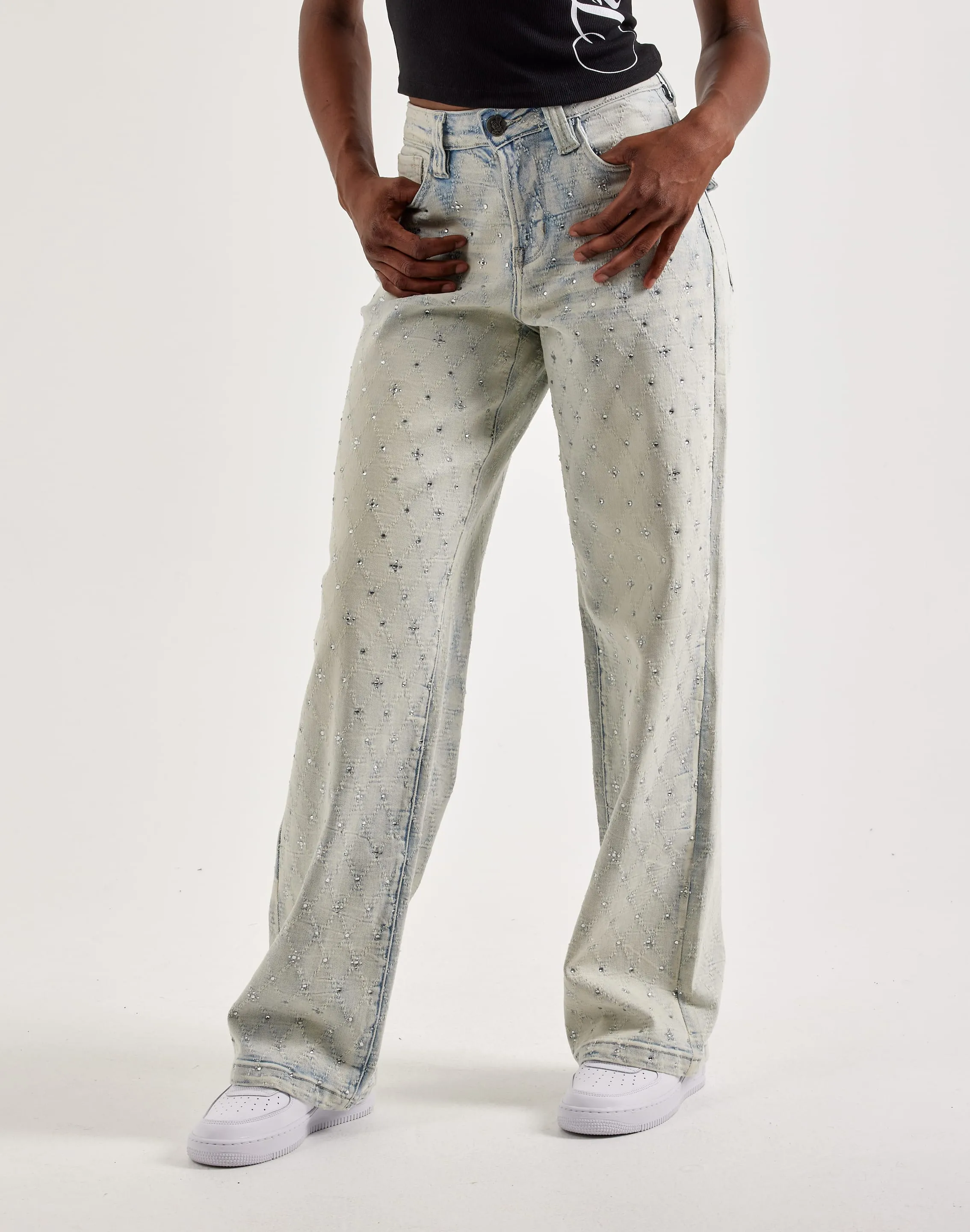 HighDensityWeave Night Charm Grindhouse Wide Rhinestone Jeans