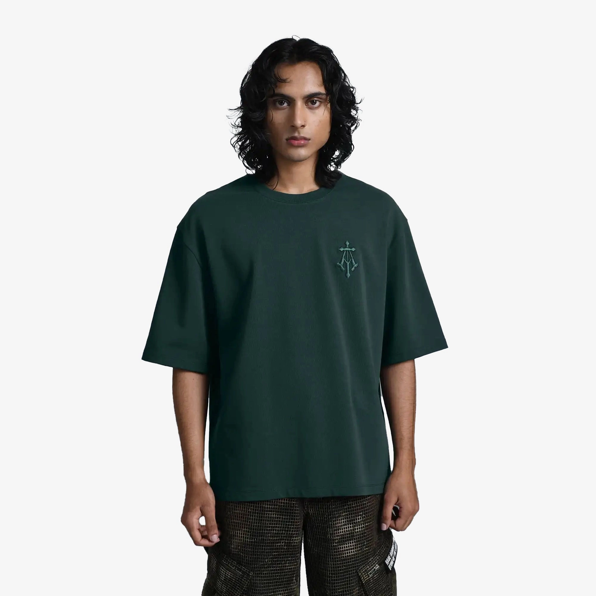ALMOST GODS | ALPHA CROSS EMBROIDERED TEE { GREEN Rain Proof Wind Glow