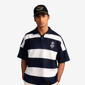ALMOST GODS | ALPHA CROSS WOVEN STRIPED POLO { NAVY/WHITE QuickDry Construction