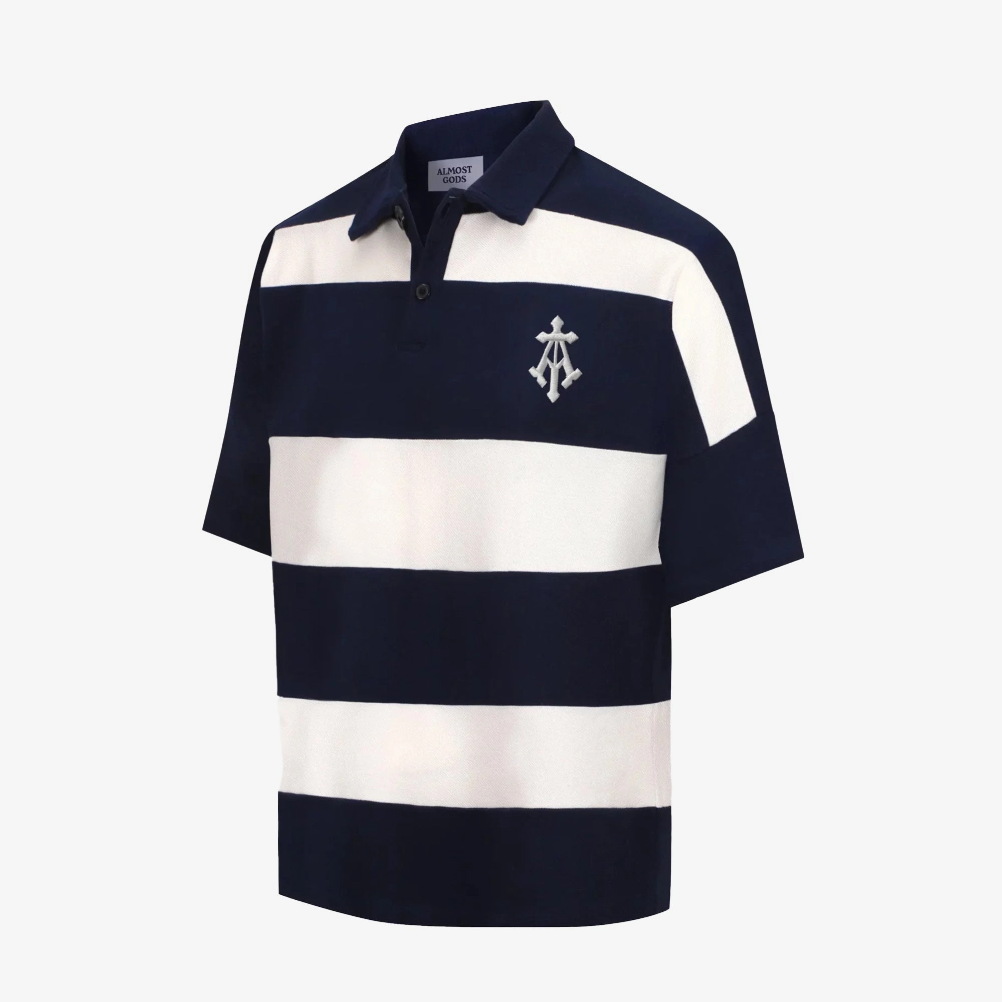 Virtual Mode ALMOST GODS | ALPHA CROSS WOVEN STRIPED POLO { NAVY/WHITE