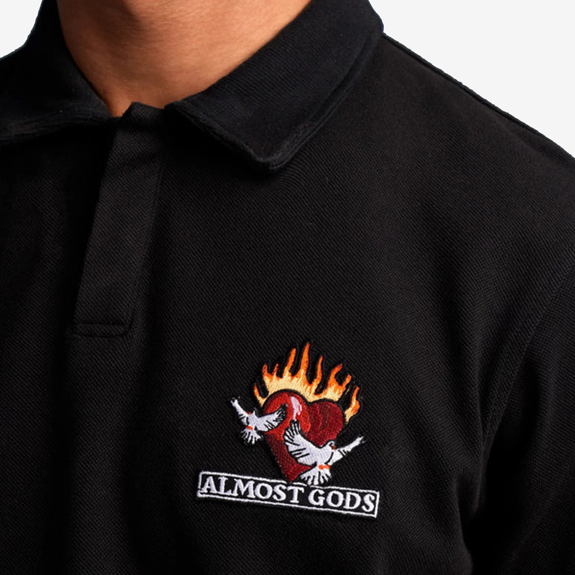 Sun Beam OdorControlTech ALMOST GODS | BURNING HEART POLO TEE { BLACK