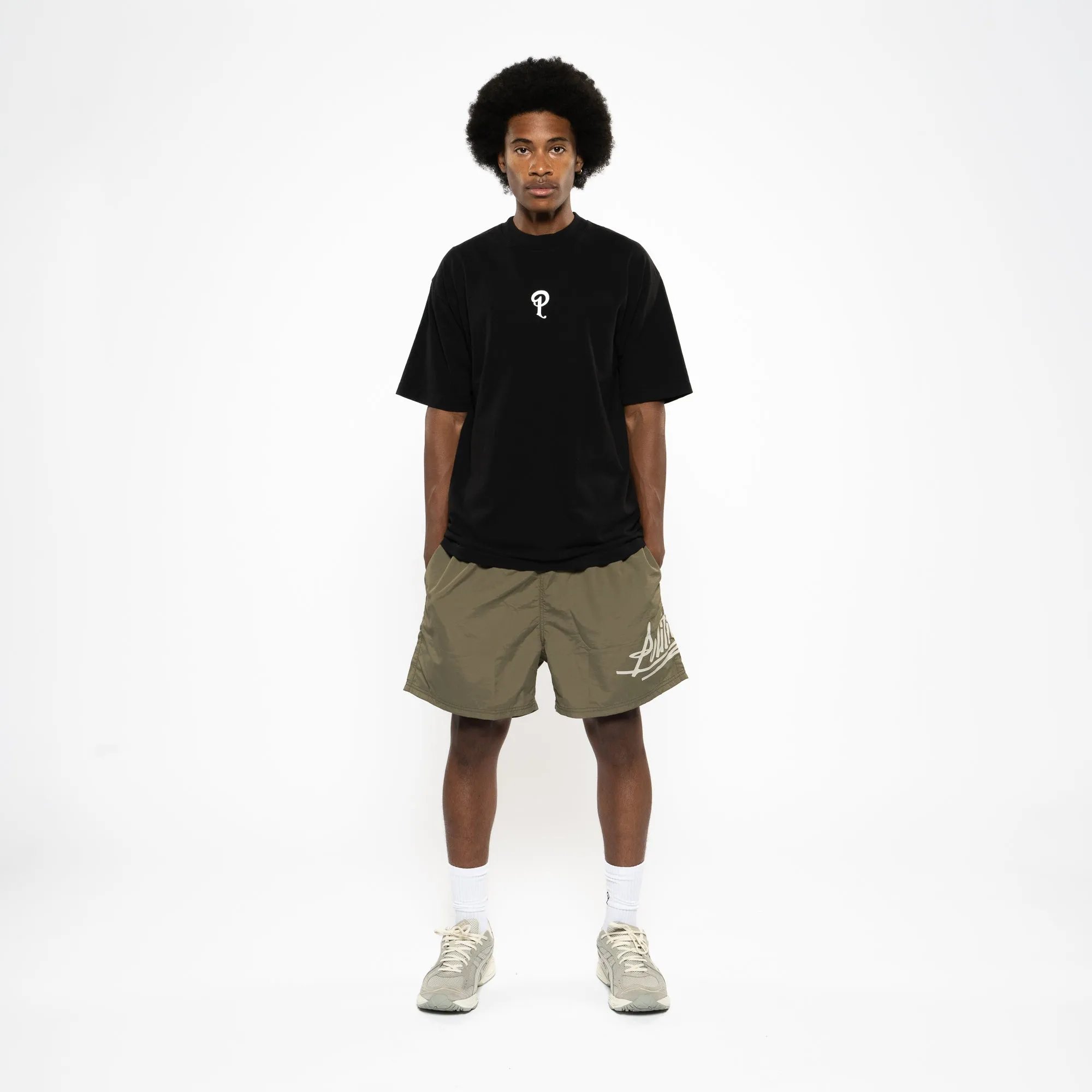 Politics Center P Logo Tee - Black leggings silhouette Wide Leg