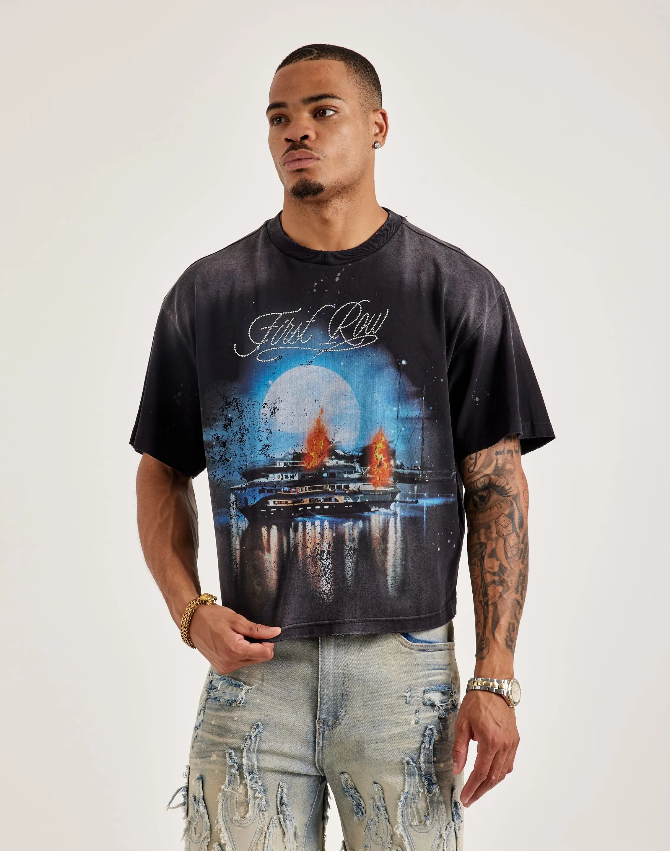 AdjustableCuffs Flexible Hemline First Row Cropped Rhinestone Tee