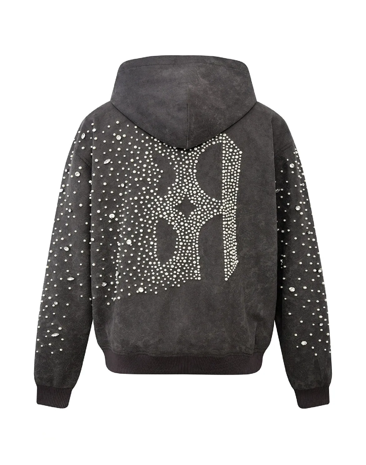 MachineWashable Fabric CASHEW BLOSSOM PEARL ZIPPER HOODIE - BLACK