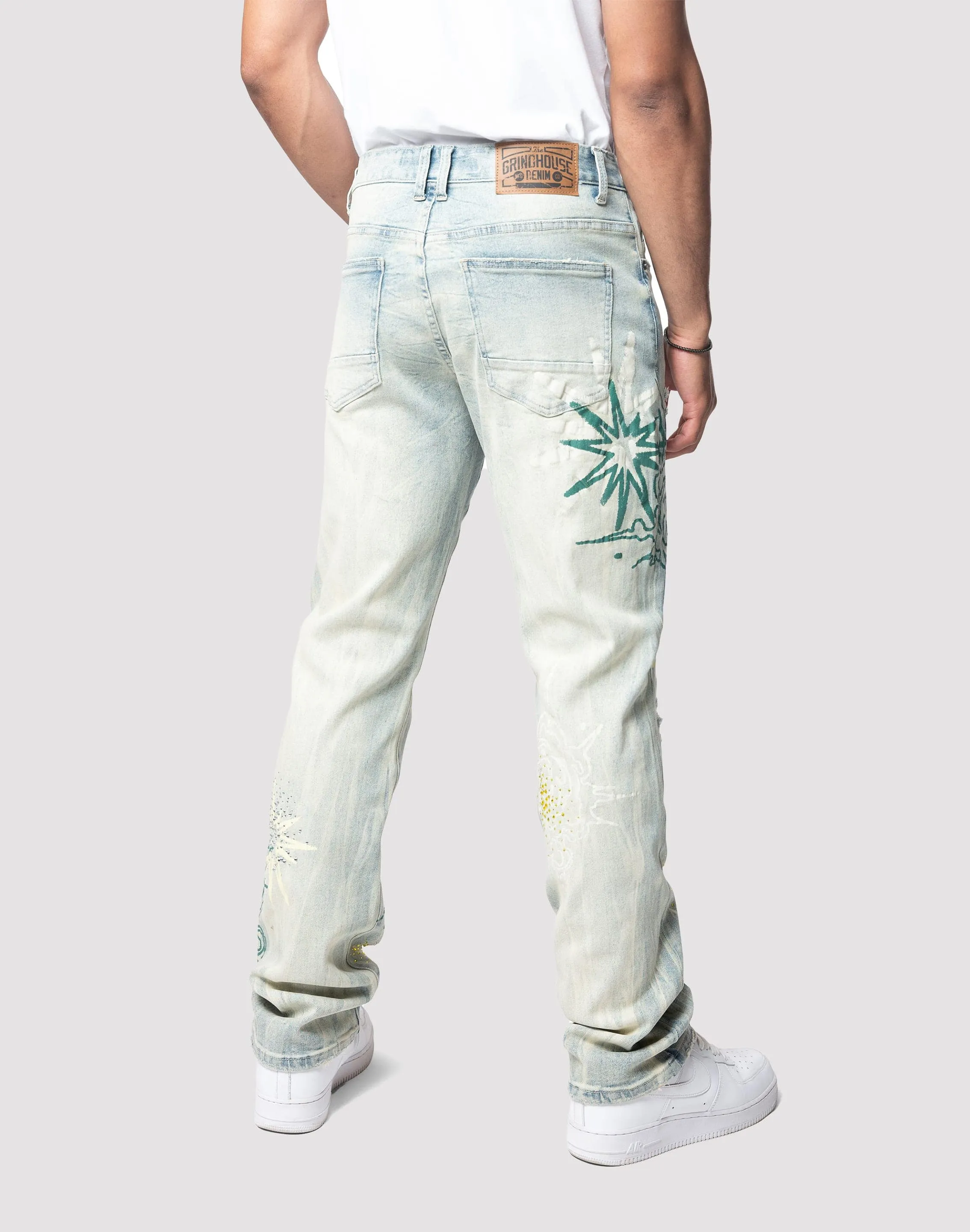 Grindhouse Straight Fit Stack Rhinestone Sevier Denim Jeans Ocean Glow