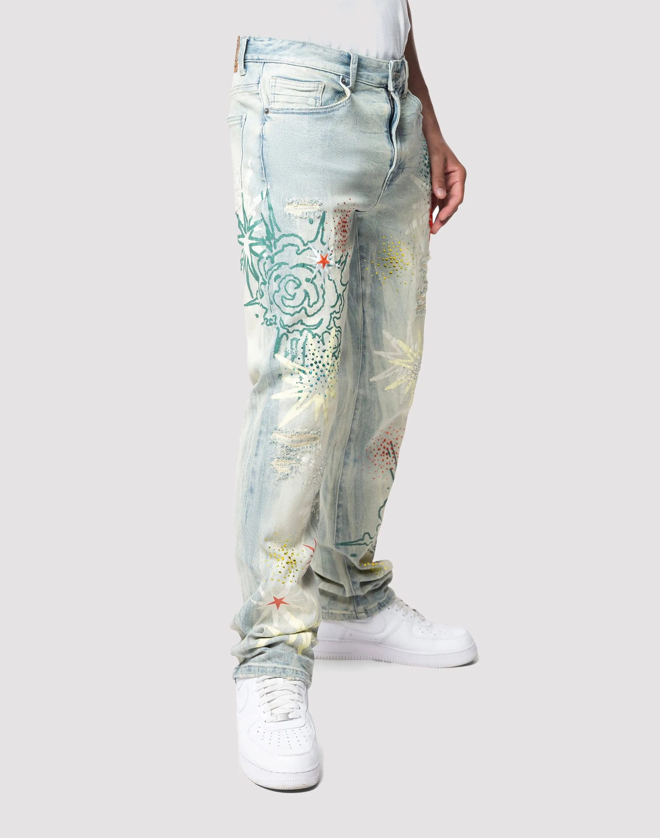 Grindhouse Straight Fit Stack Rhinestone Sevier Denim Jeans Web Glow