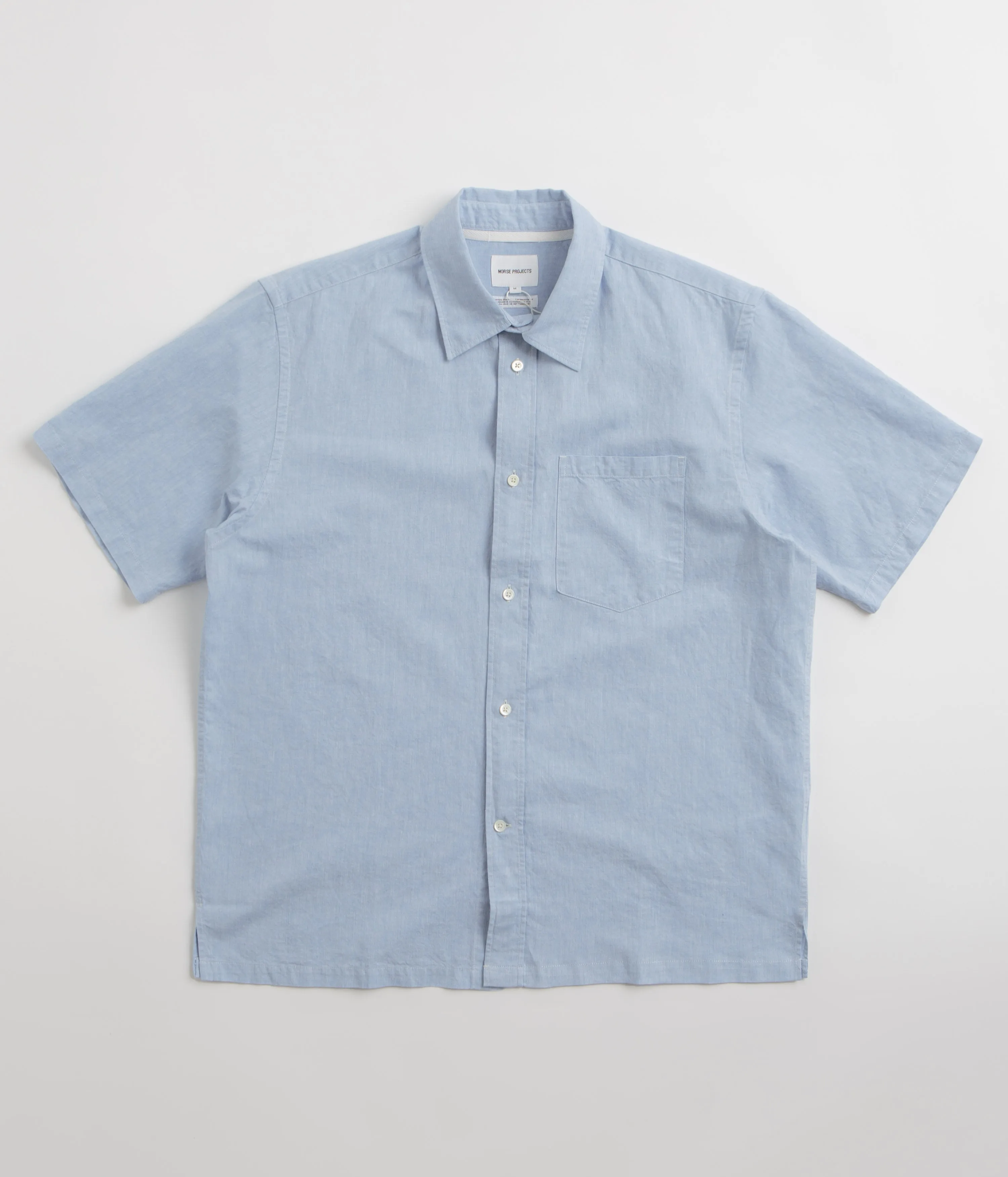 Norse Projects Ivan Relaxed Cotton Linen Short Sleeve Shirt - Pale Blue Ventilated Back Low Profile Pocket Design