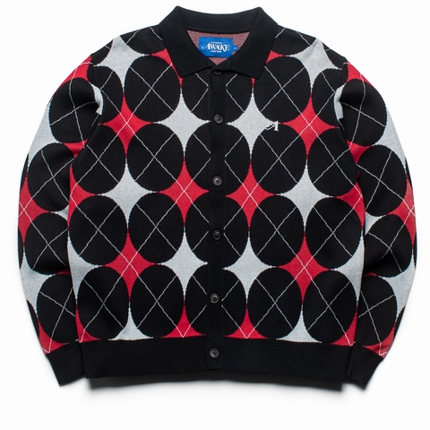 Spirit Core Street Sport Awake NY Argyle Knit Collared Cardigan - Black