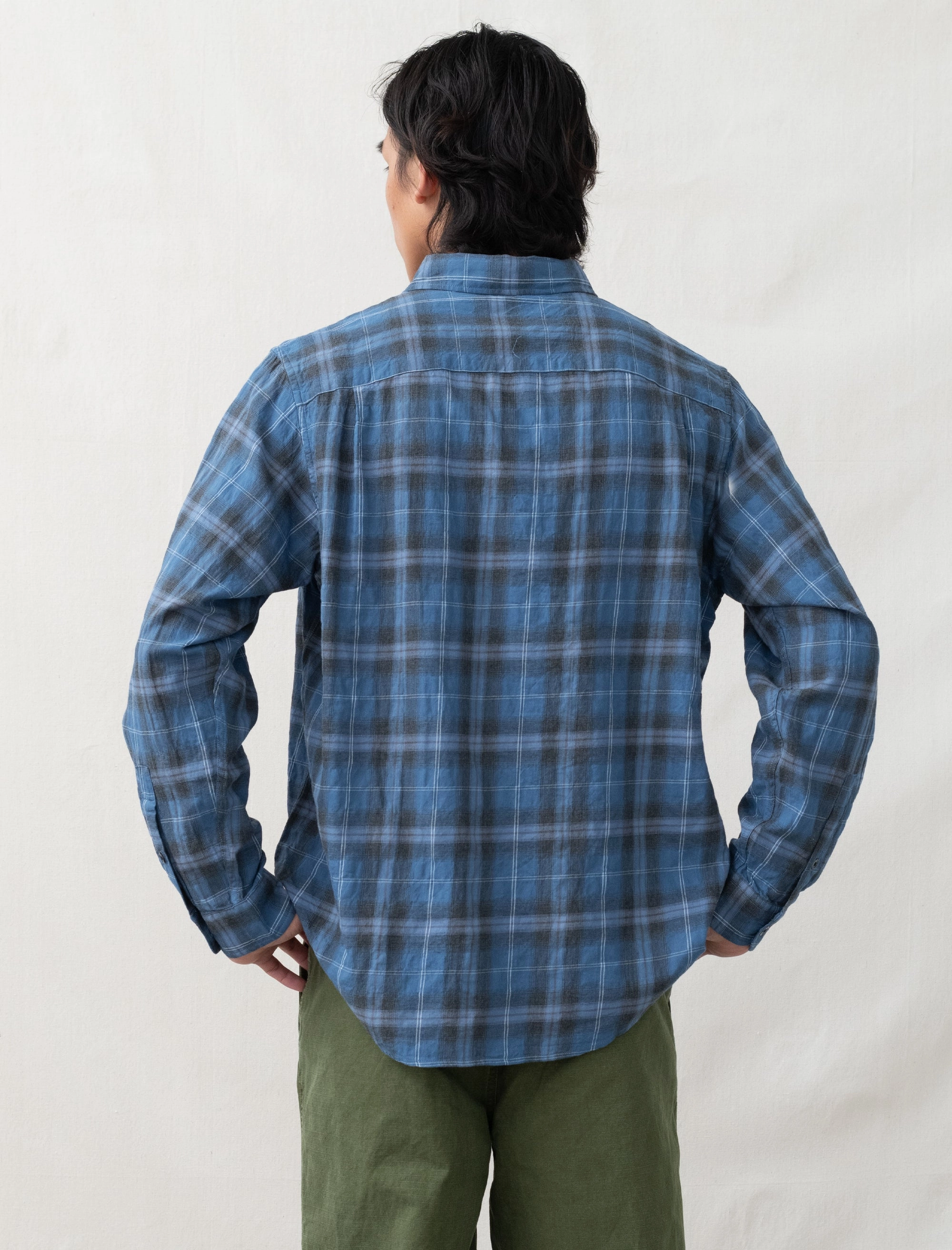 Beach Plaid Shirt (Blue) FullCut Shoulder Bonded Hemline