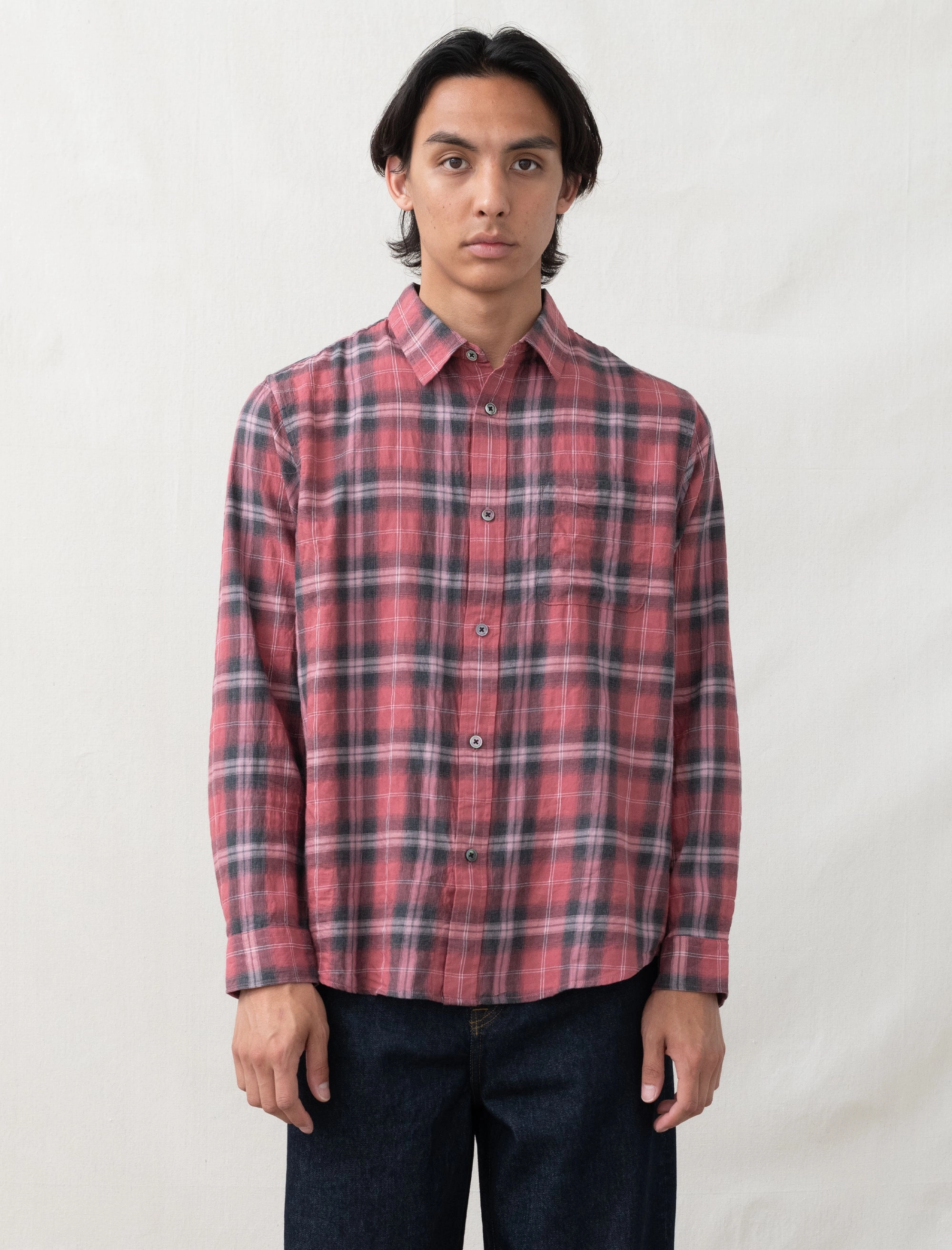Trendy Look Tencel Cotton Hybrid Weave Beach Plaid Shirt (Red)