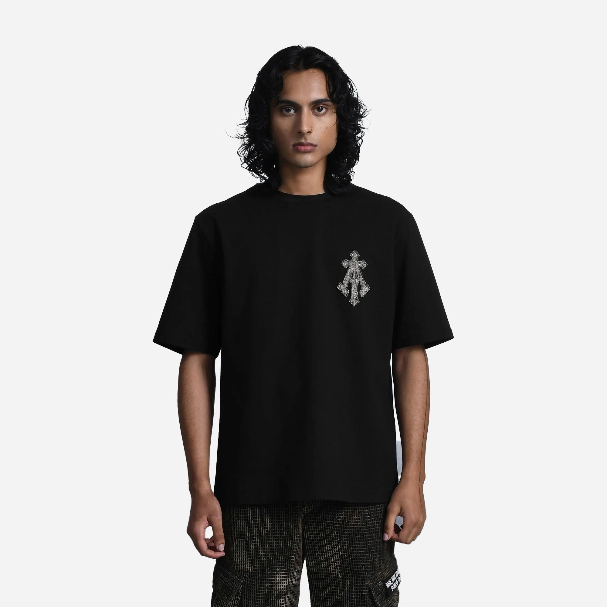 ALMOST GODS | ALMOST GODS TEE IN ZARI EMOBROIDERY { BLACK FourWayStretch DurableCoverstitch