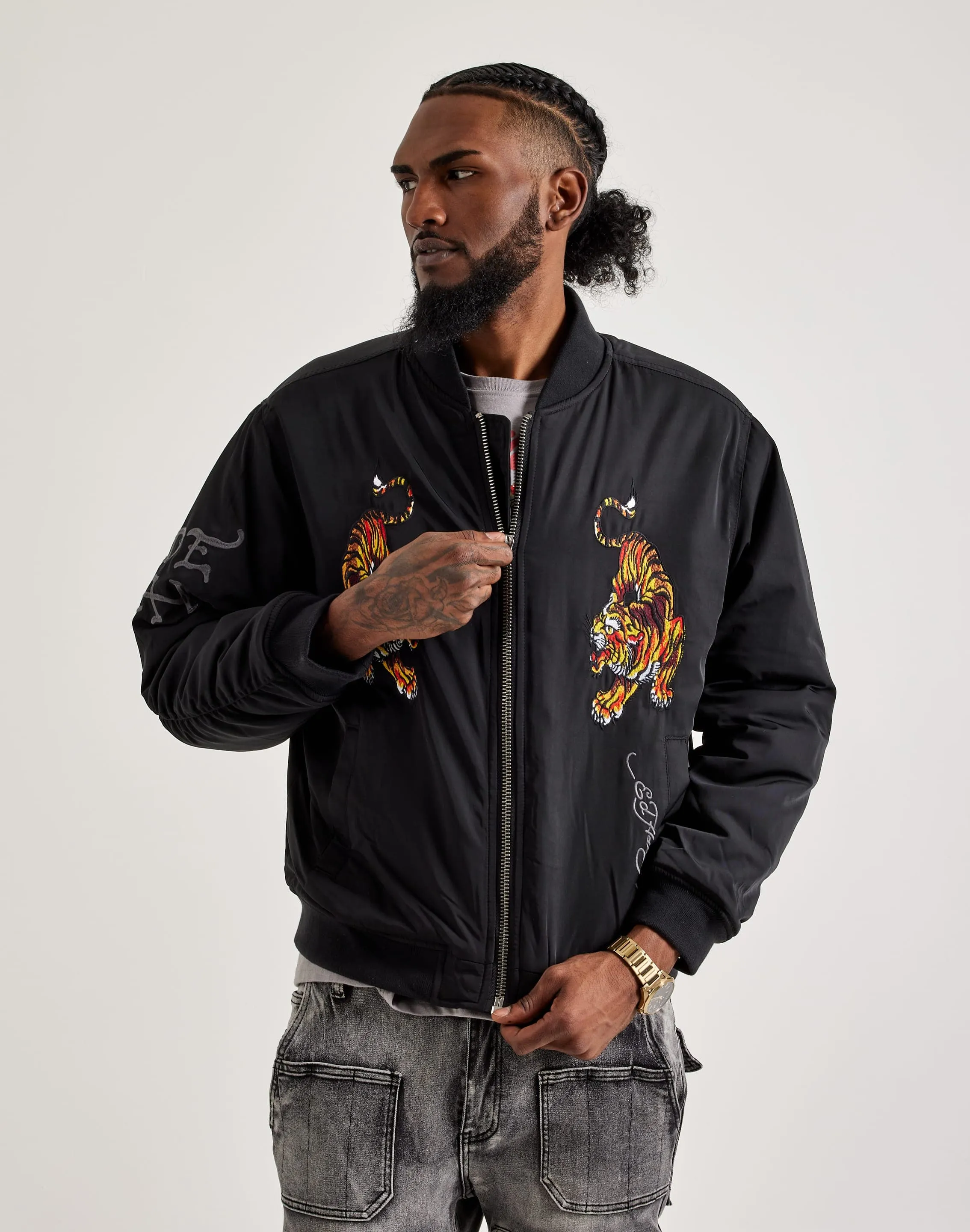 Ed Hardy Tiger Bomber Jacket TemperatureRegulatingLining Stone Glow