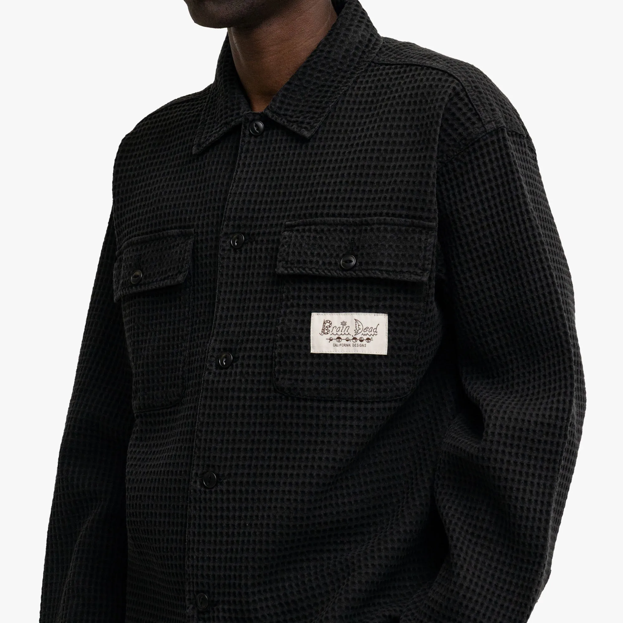 Brain Dead Waffle Button Shirt Black Anti Pill Technology Flexible Movement