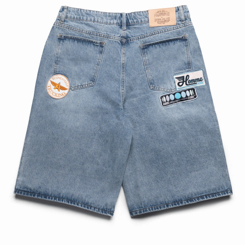 Homme Femme Road Trip Shorts - Blue Denim Clean Fit Adjustable Waist