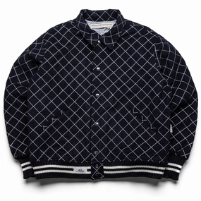 Drop Hem Neutral Comfort Advisory Board Crystals Diamond Quilted Varsity Jacket - Navy