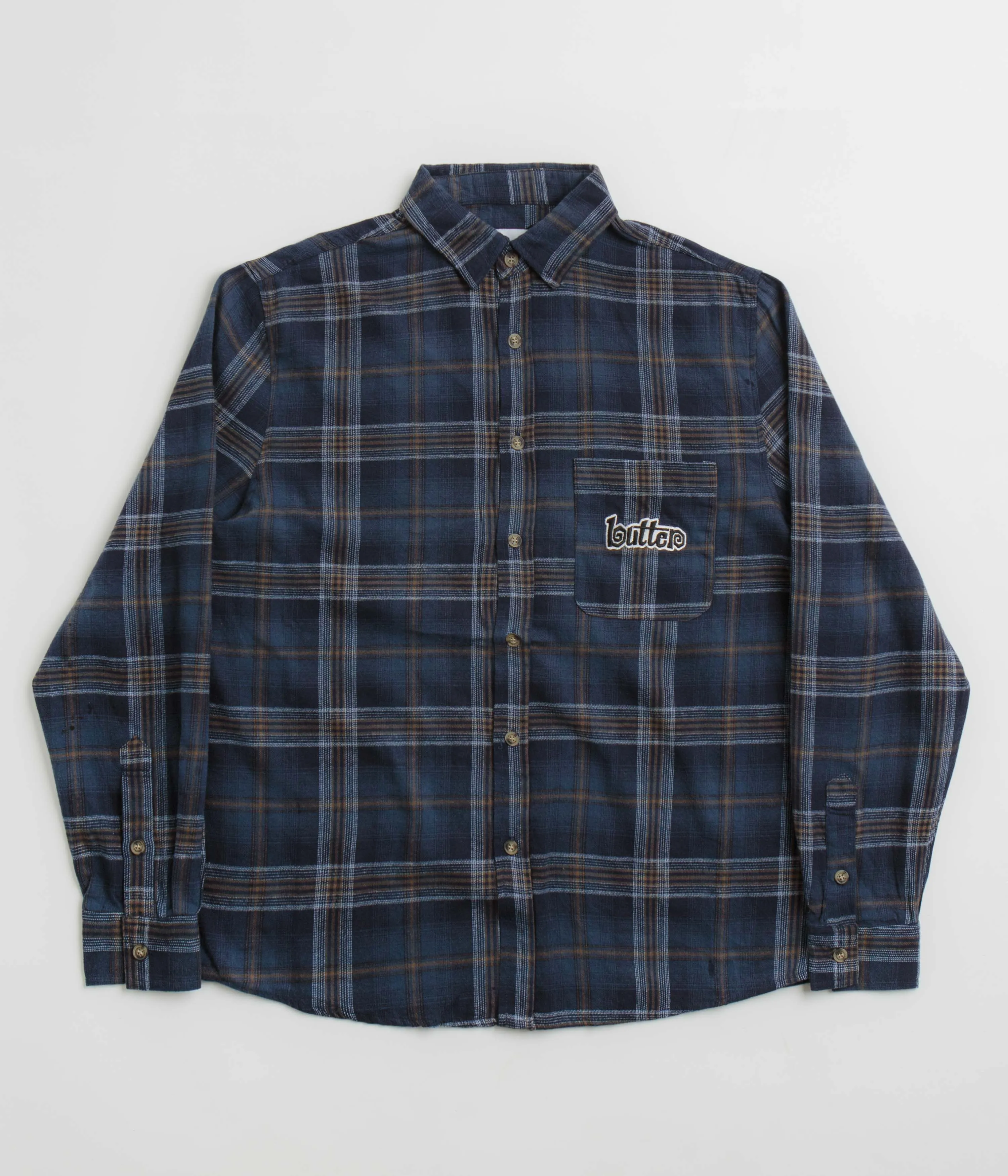 Butter Goods Swirl Plaid Shirt - Navy / White Seamless Shoulder Construction