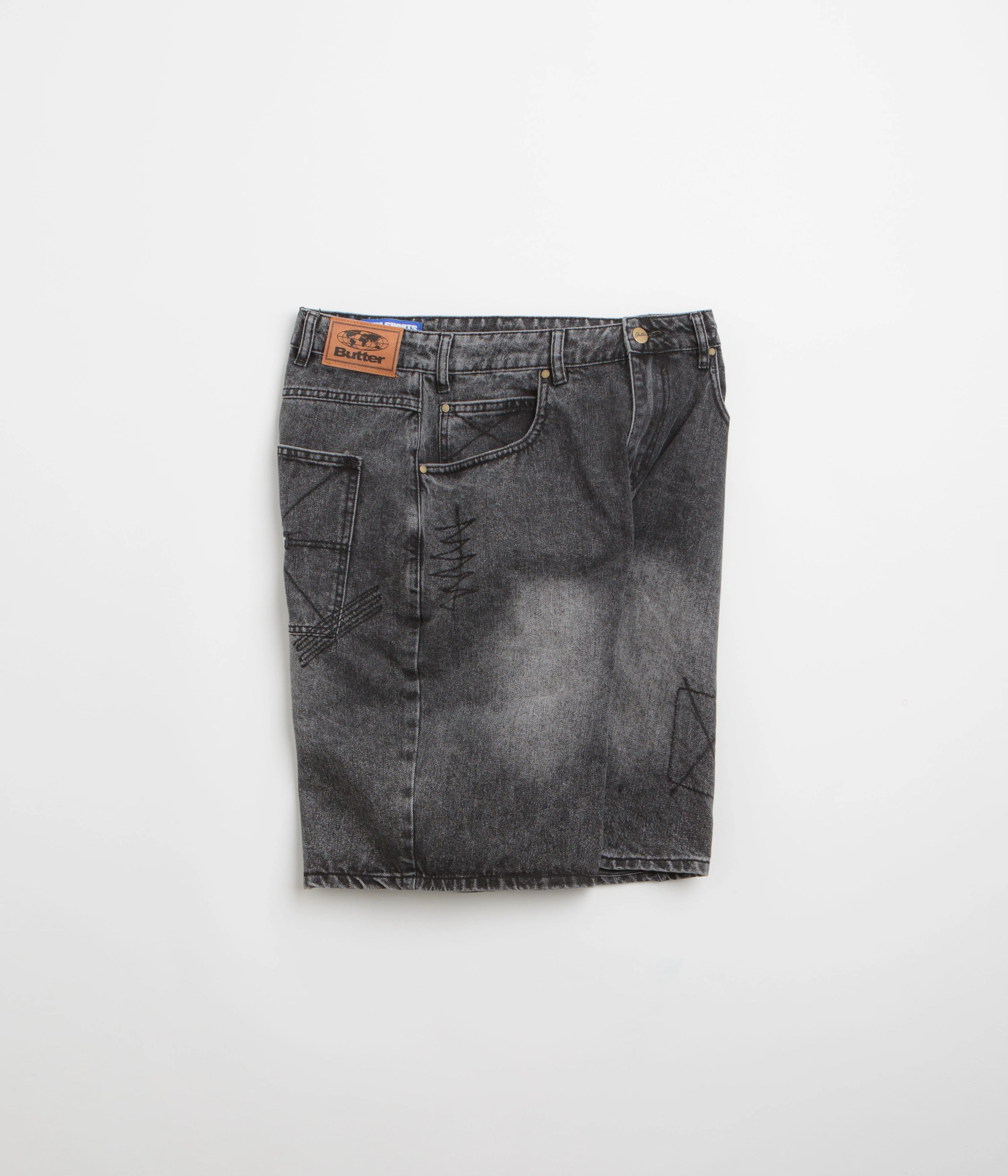 belt Butter Goods Stitch Denim Shorts - Distressed Grey
