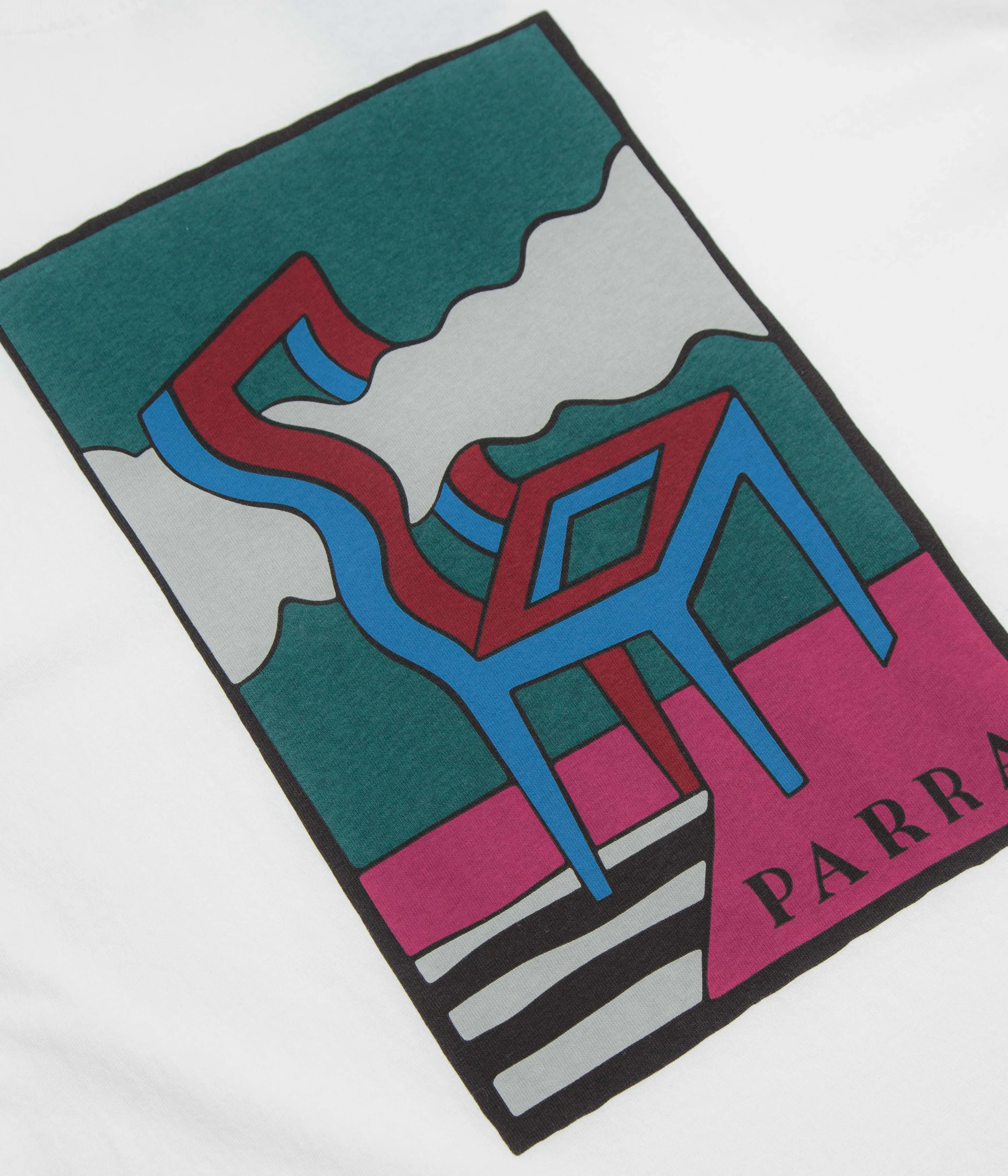 Asymmetrical hem denim shorts silhouette by Parra Smoke Chair T-Shirt - White