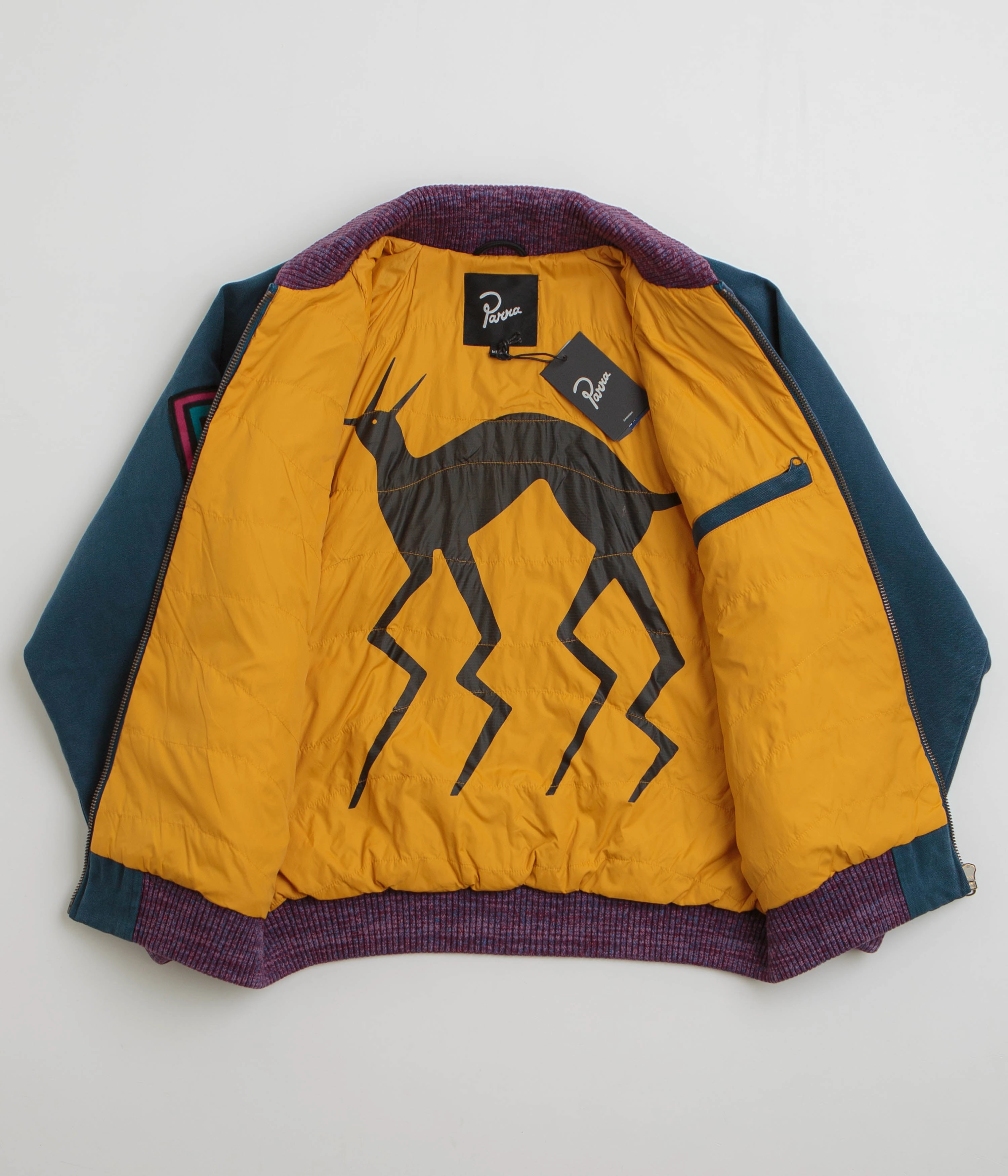 Windproof Barrier Design Printed by Parra Skull Stalker Varsity Jacket - Washed Blue