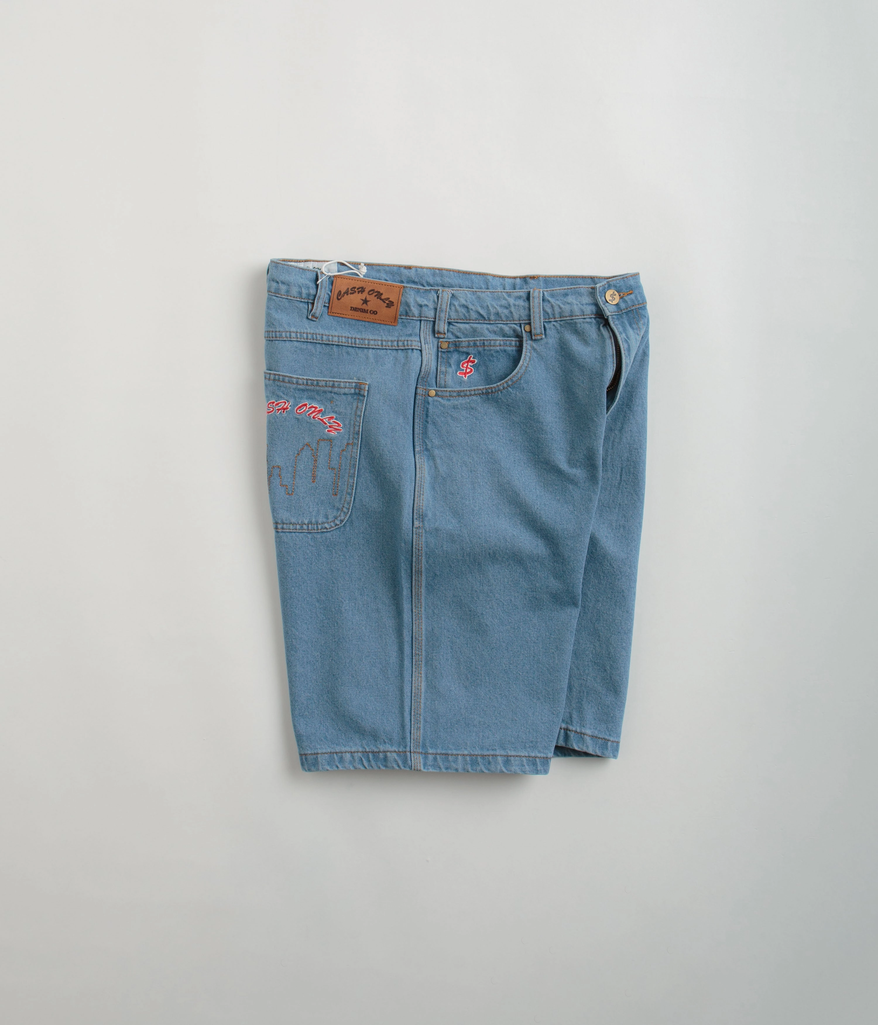 Cash Only Logo Denim Shorts - Washed Indigo Adjustable Waist Polyester shorts