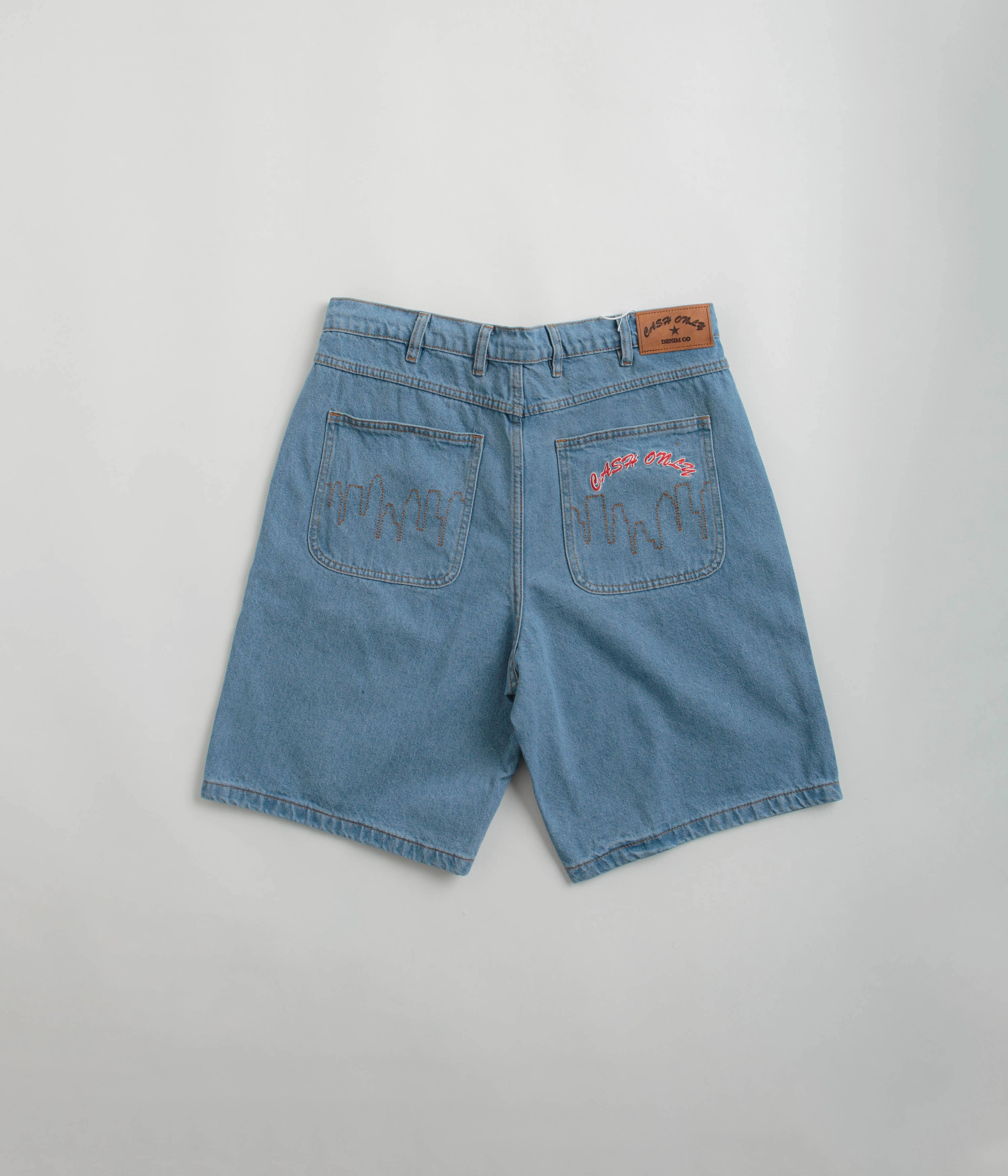 Compact Storage Pocket Cash Only Logo Denim Shorts - Washed Indigo
