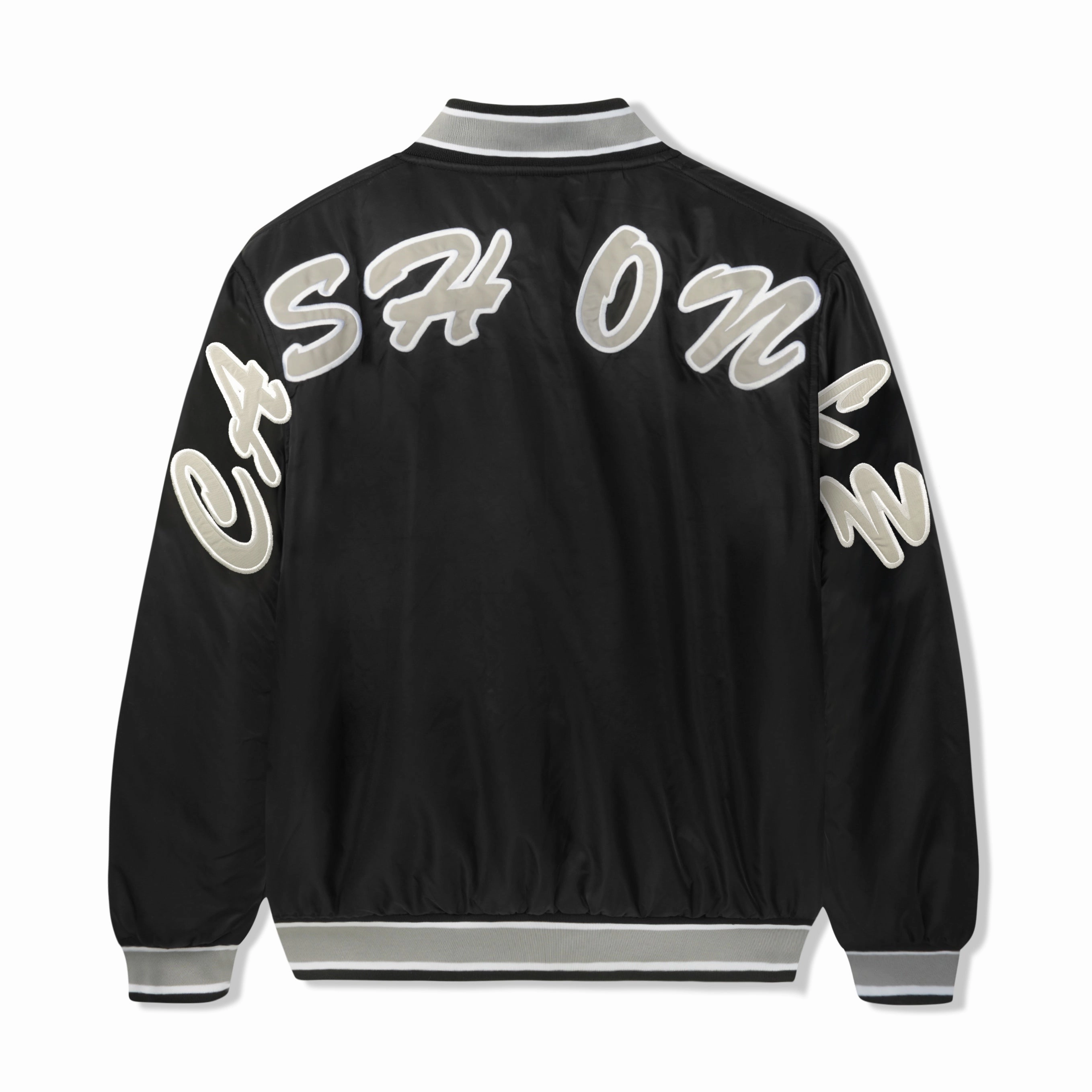 Cash Only Spell Out Bomber Jacket Bonded Seam Construction Noise Reduced Fastener System