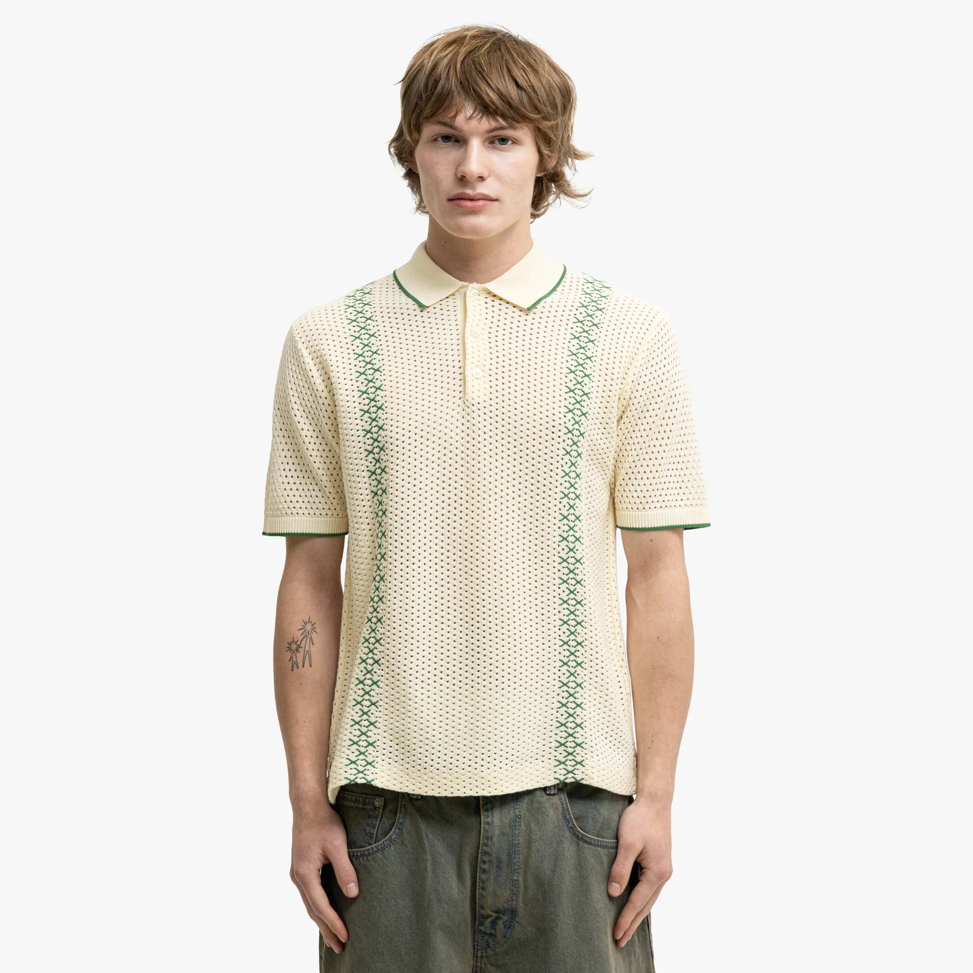 Vintage Wash BEAMS PLUS Mesh Knit Stripe Polo Off White