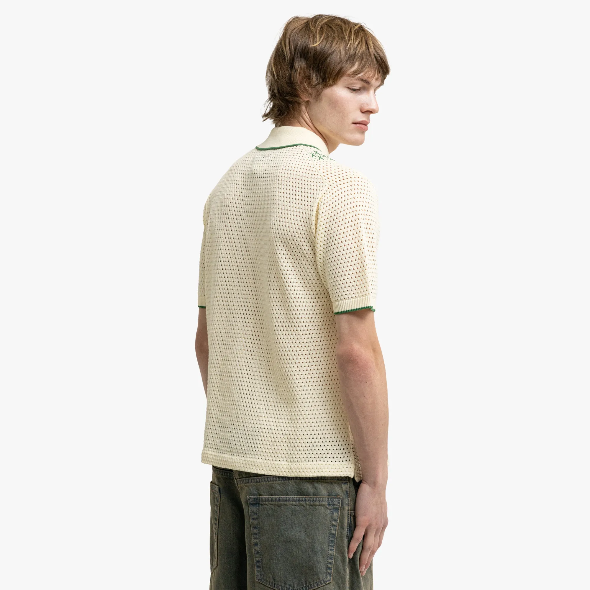 BEAMS PLUS Mesh Knit Stripe Polo Off White Effortless Style
