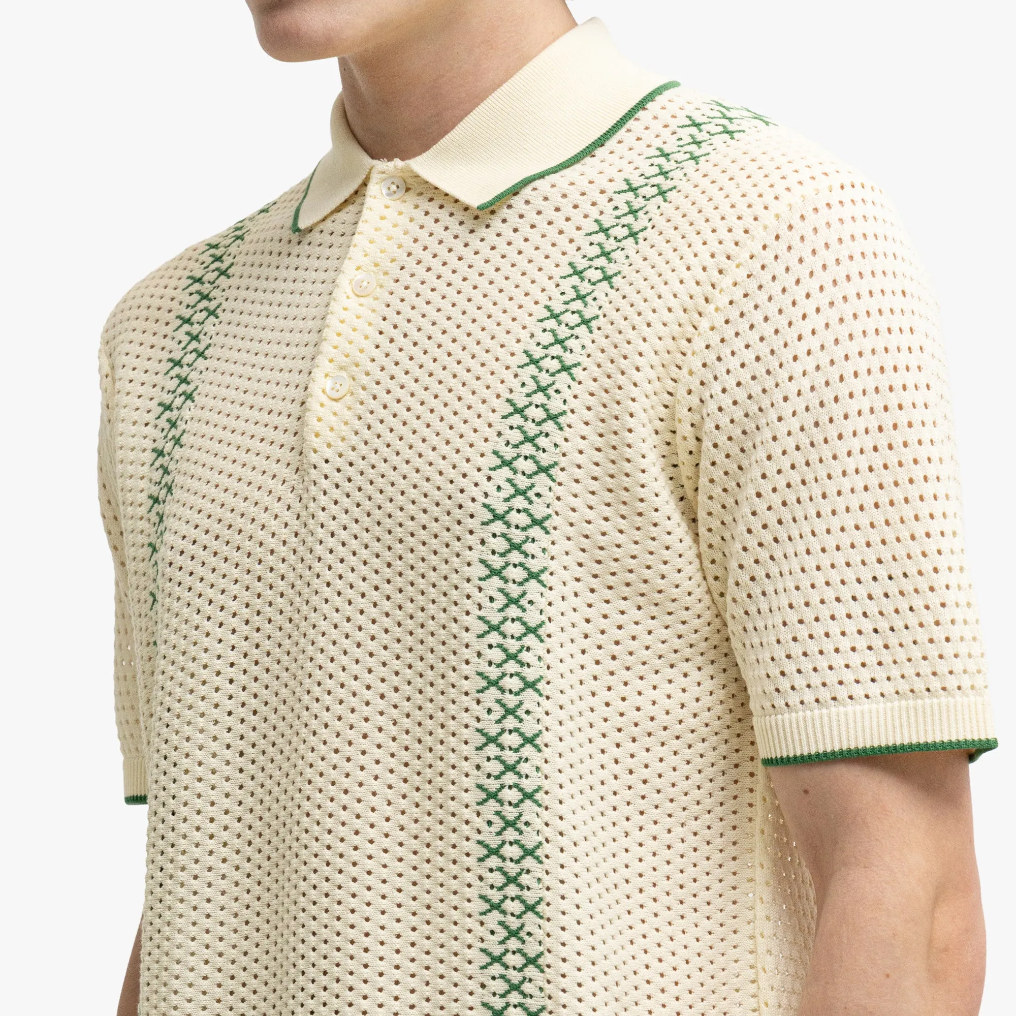 BEAMS PLUS Mesh Knit Stripe Polo Off White Smooth zipper closure Mountain Escape