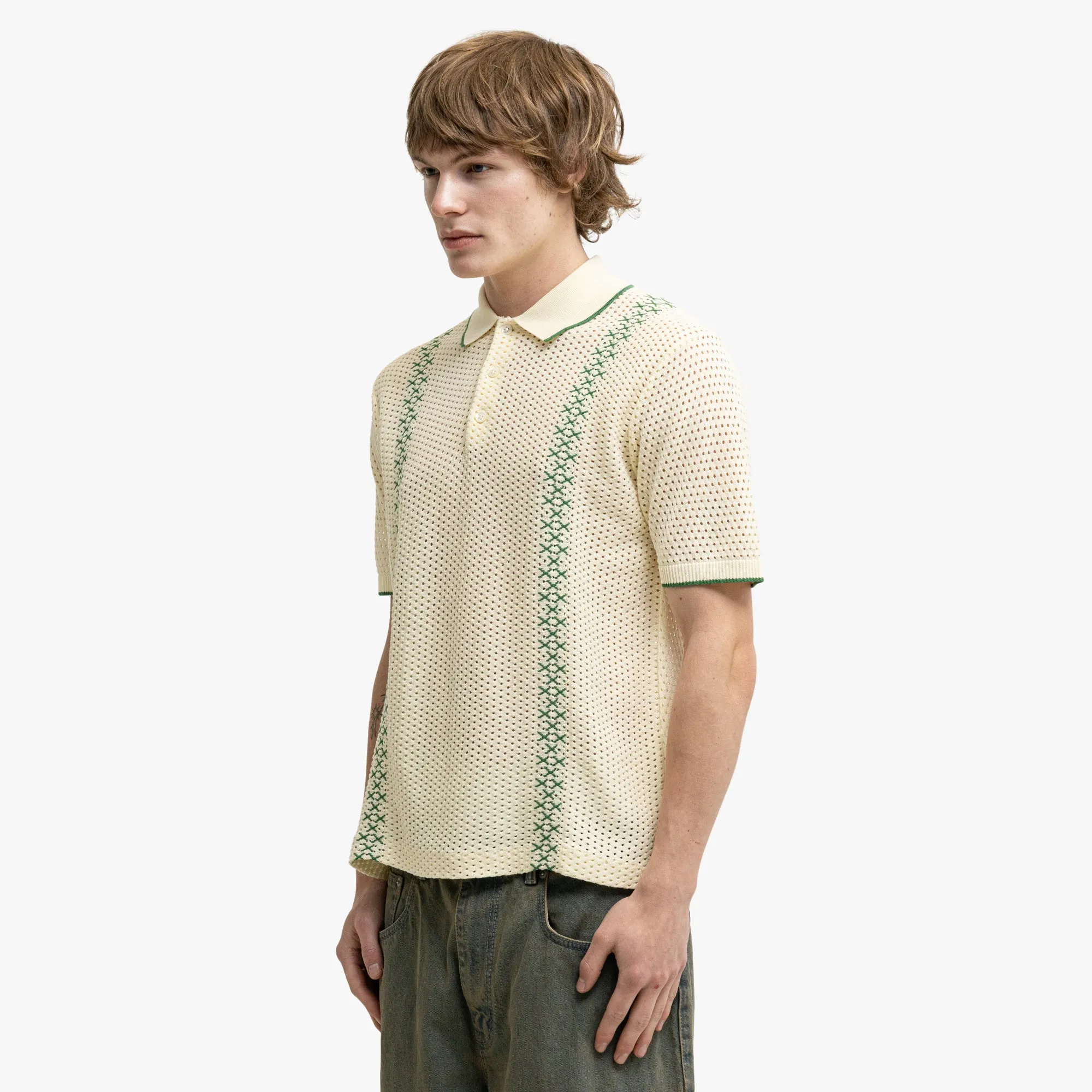 BEAMS PLUS Mesh Knit Stripe Polo Off White Retro Vibe Work Appropriate