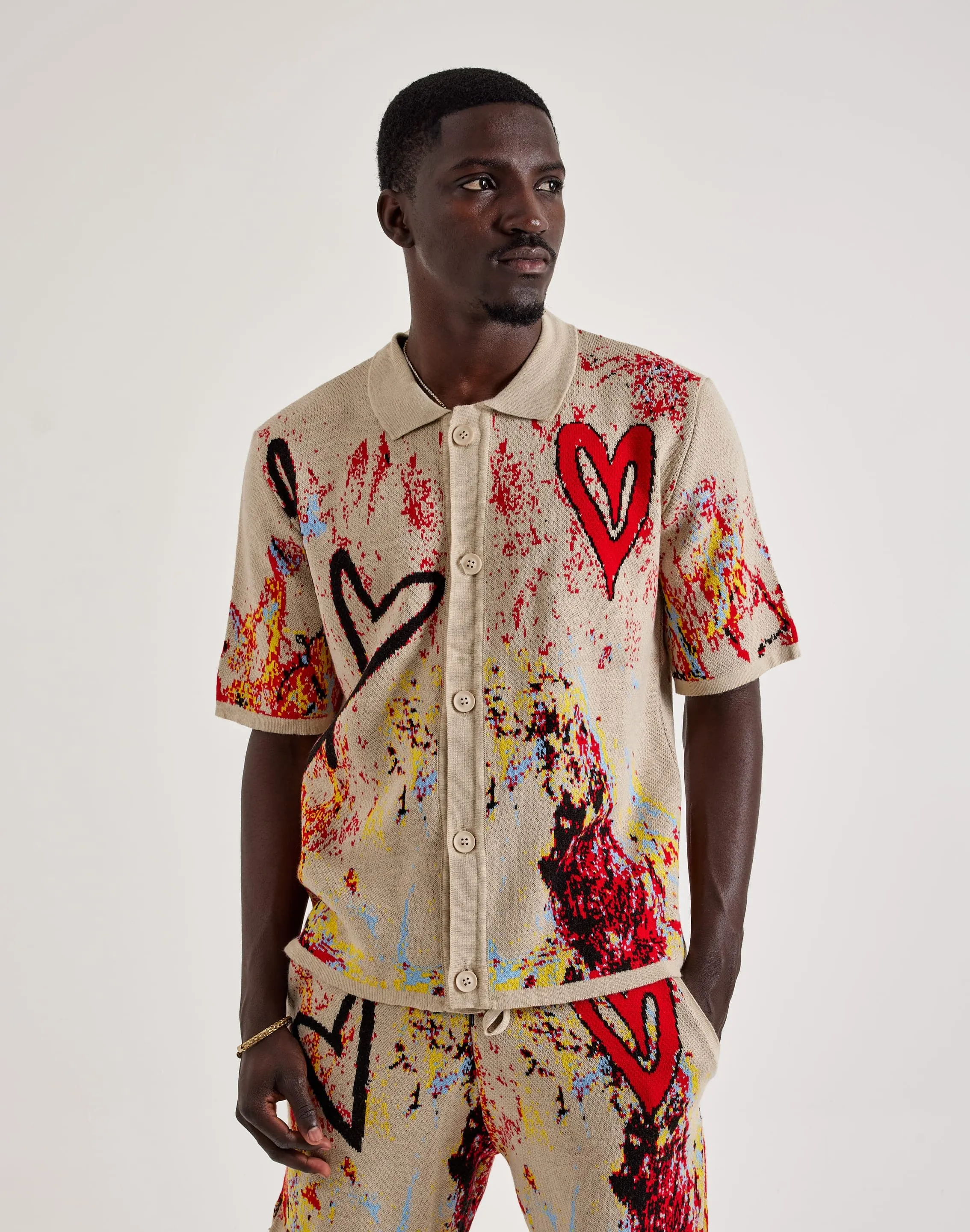 ReinforcedHem Chapter By Kohli Heart Paint Splatter Knit Button Shirt