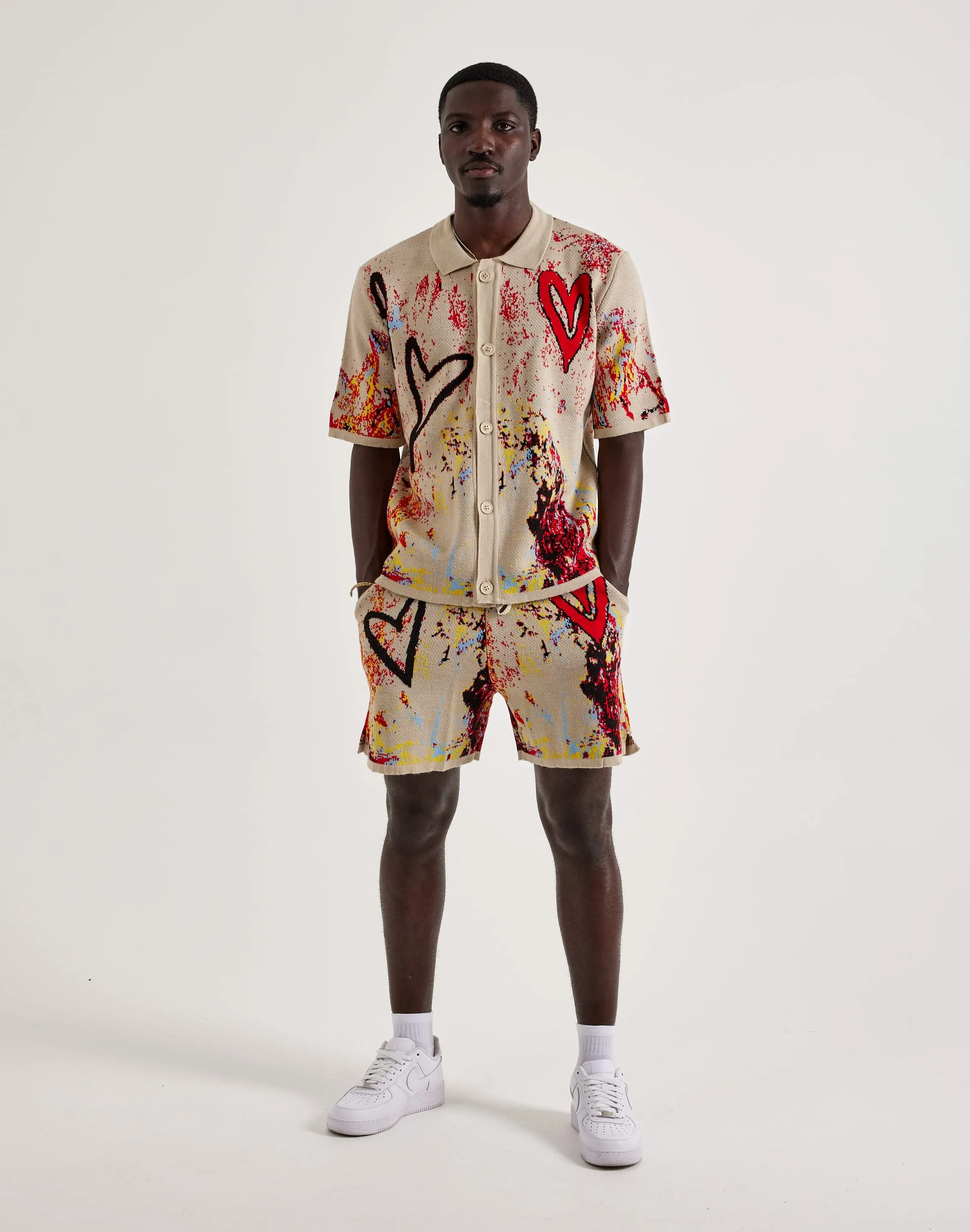 Chapter By Kohli Heart Paint Splatter Knit Button Shirt Adjustable Fastenings