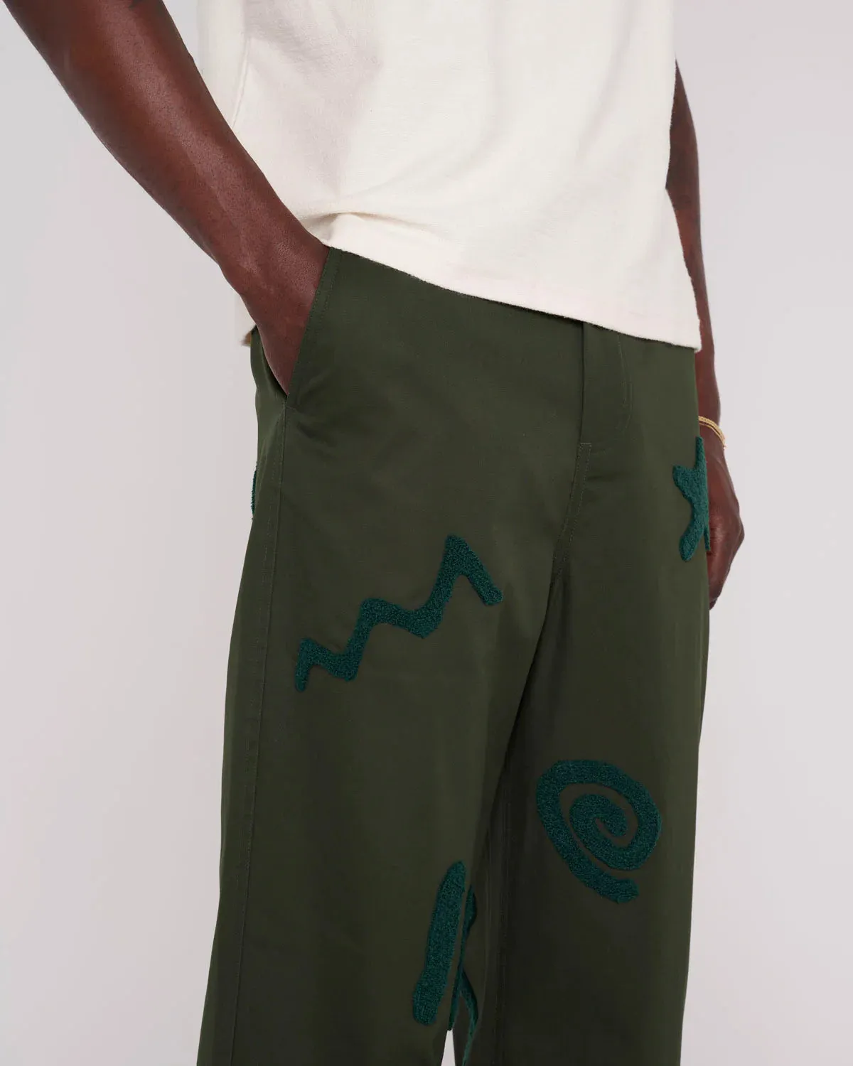 CHENILLE SYMBOLS FOUR POCKET PANT - DEEP GREEN Heat Safe Flexible Fabric Blend
