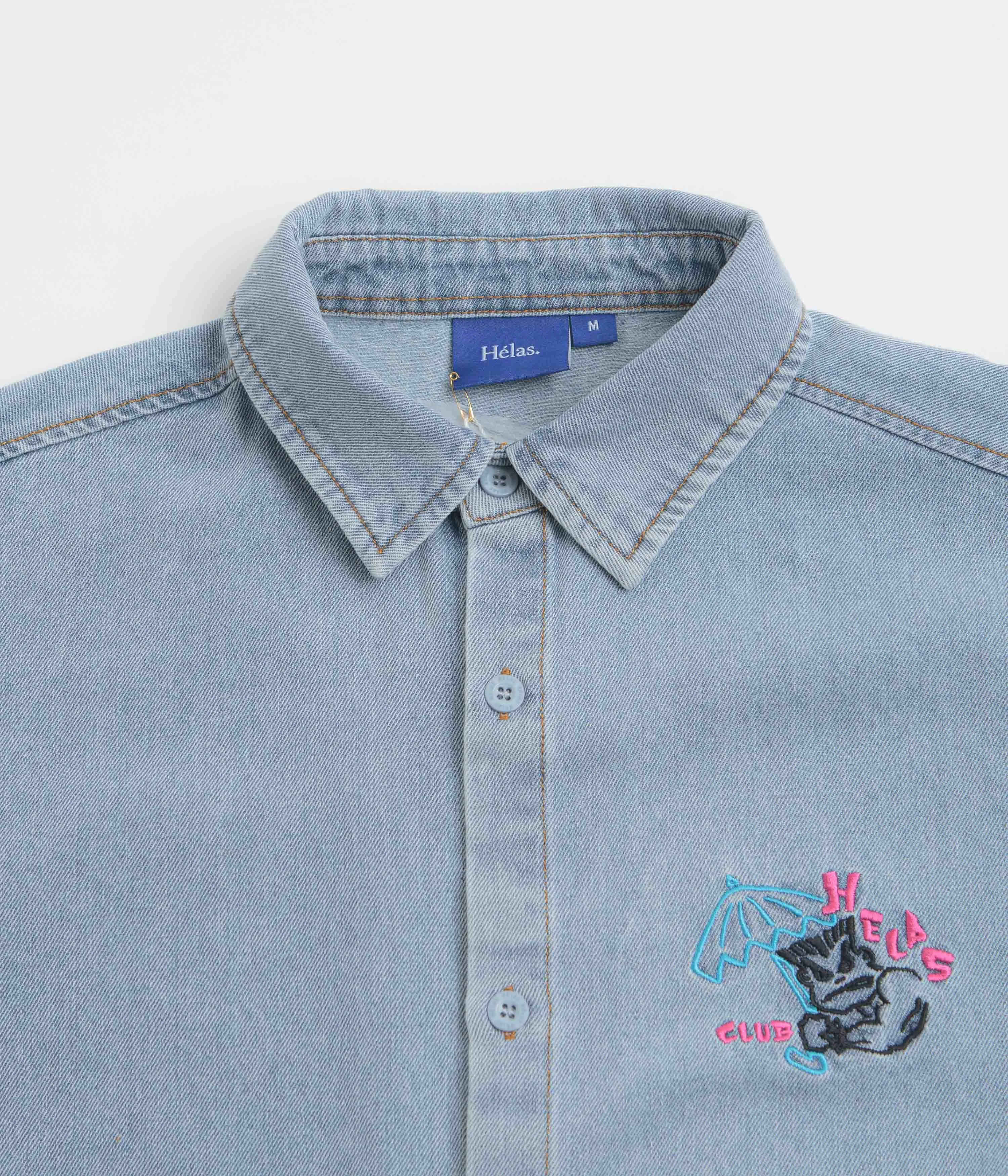 Helas Bad Washed Denim Short Sleeve Shirt - Light Blue Winter Layering Functional Design