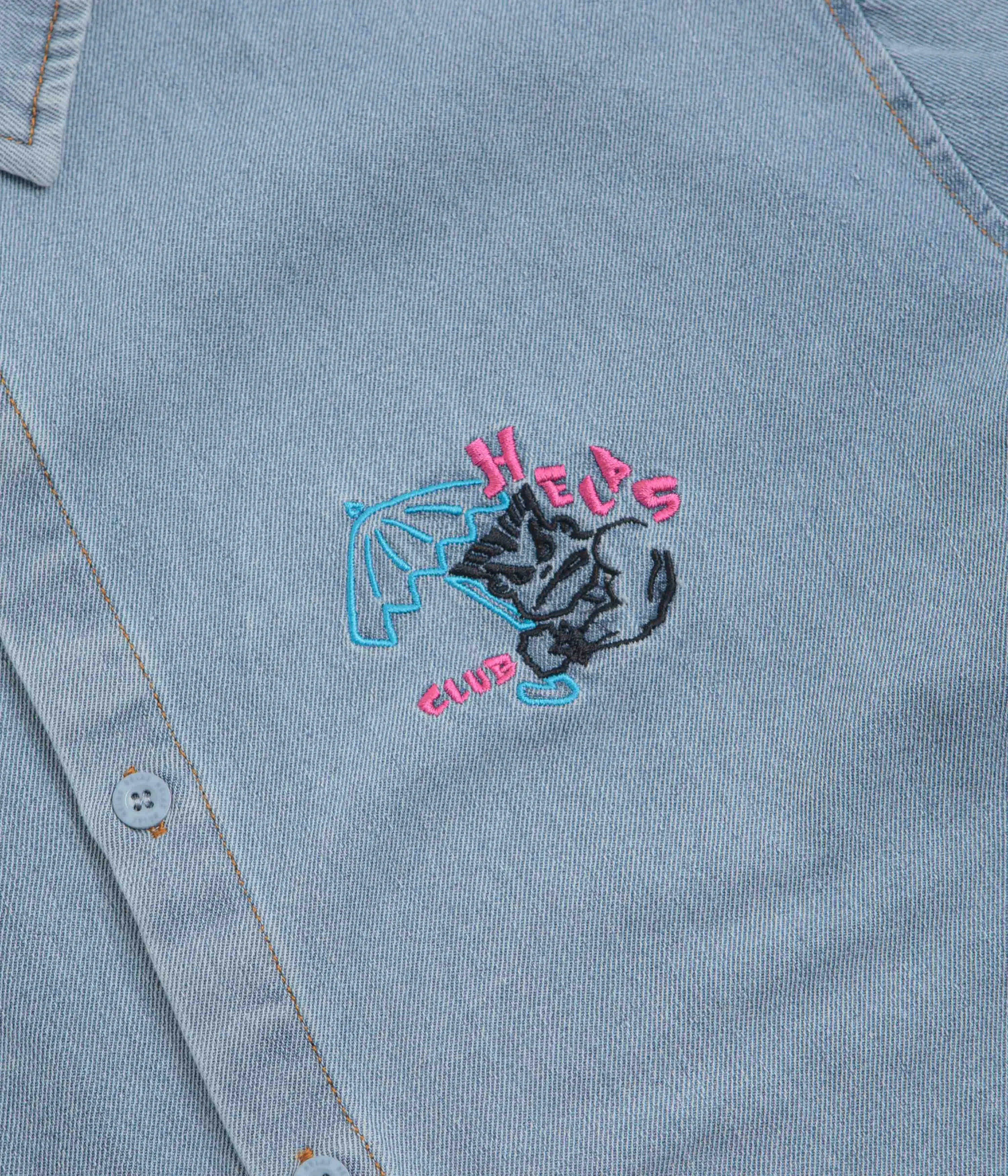 Helas Bad Washed Denim Short Sleeve Shirt - Light Blue Fitted Design