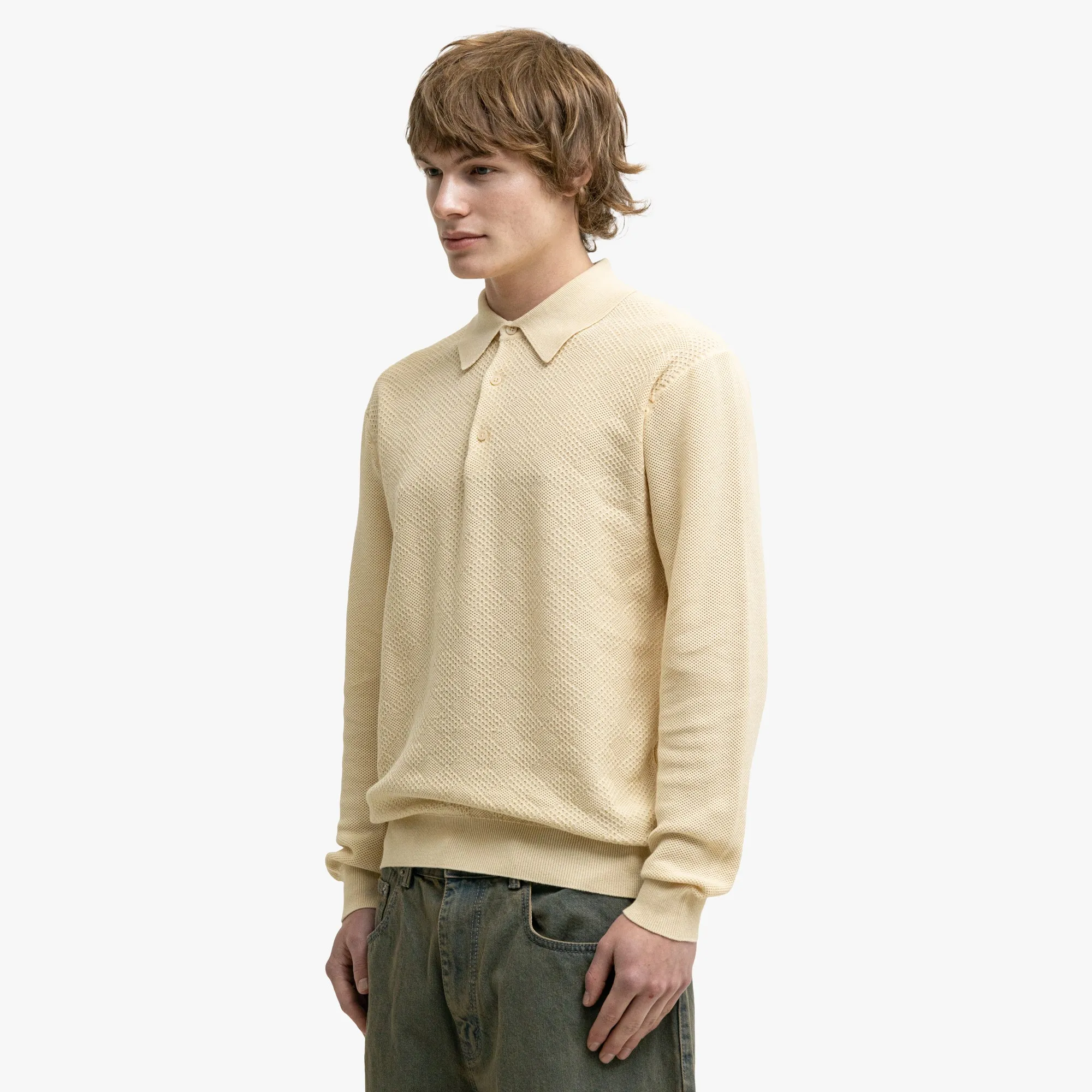 BEAMS PLUS Knit Polo Diamond Off White Edgy Design
