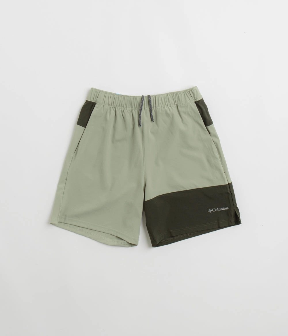 Double Stitched Seams Ventilated Mesh Panels Columbia Hike Color Block Shorts - Safari / Greenscape