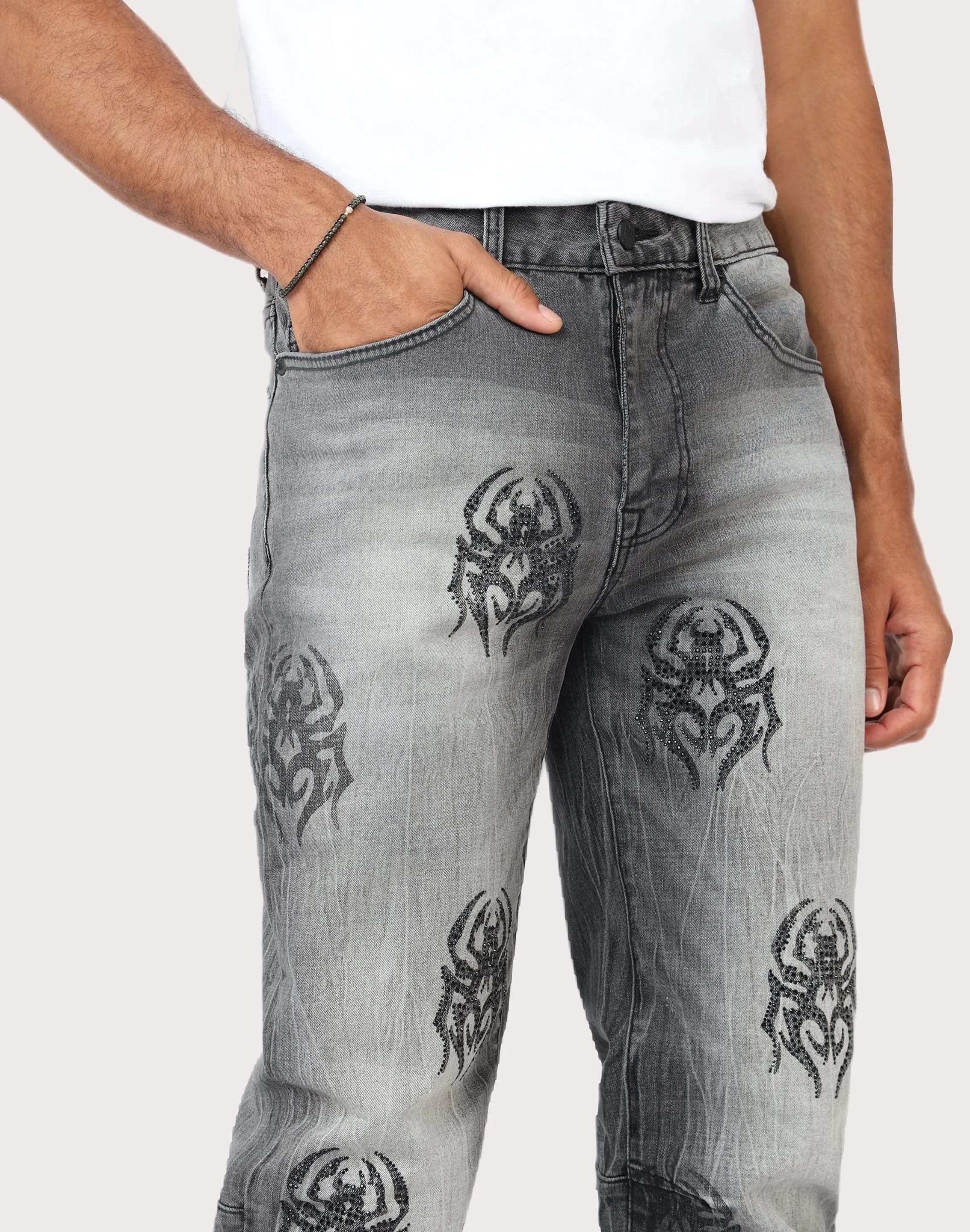 Grindhouse Straight Fit Spider Rhinestone Jeans mesh ventilation