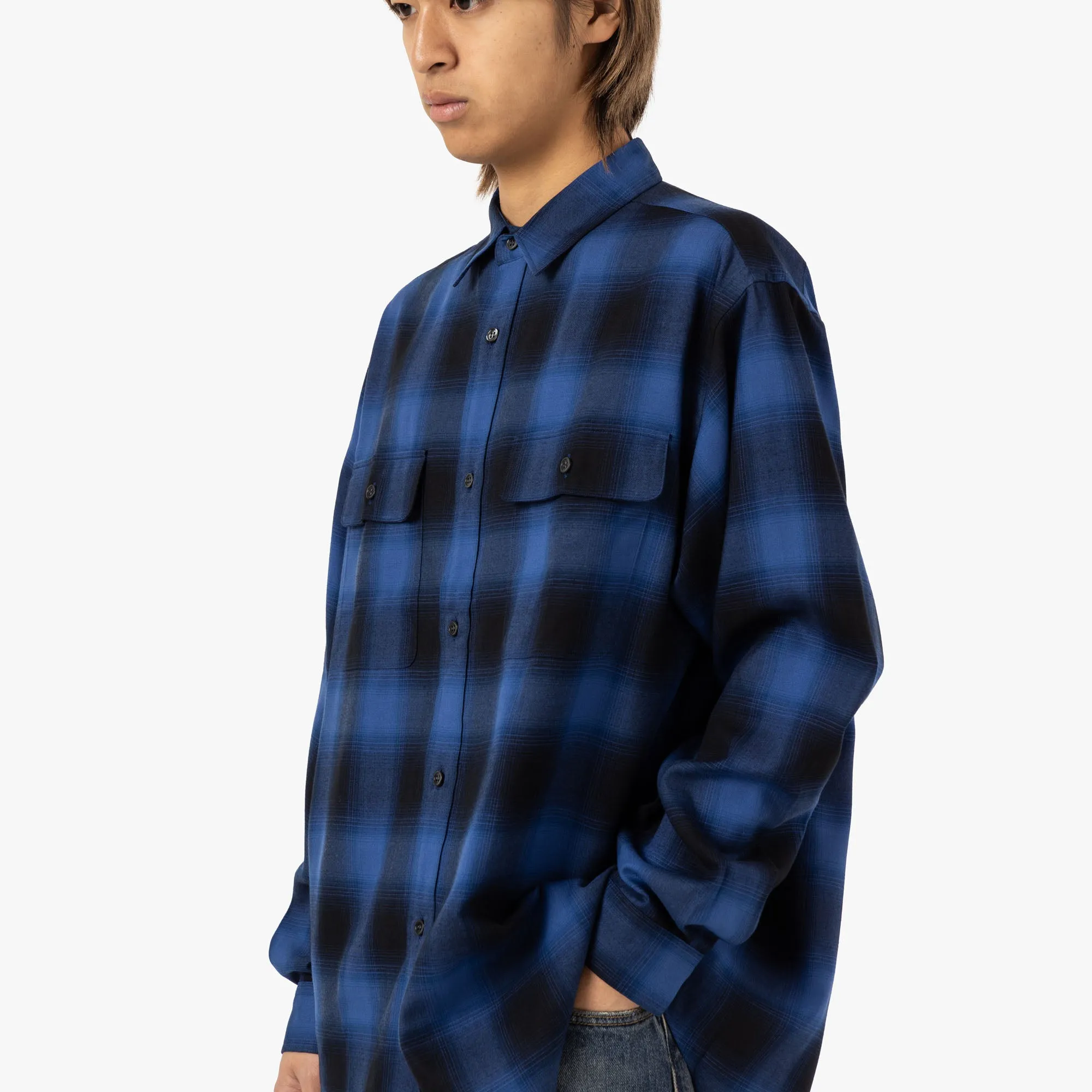 Loose Comfort Trendy Apparel Saturdays NYC Ombre Check Work Shirt / Blue