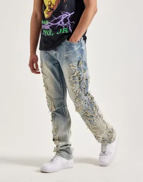 Smoke Rise Frayed Applique Stacked Flare Jeans Warm Base Sun Beam