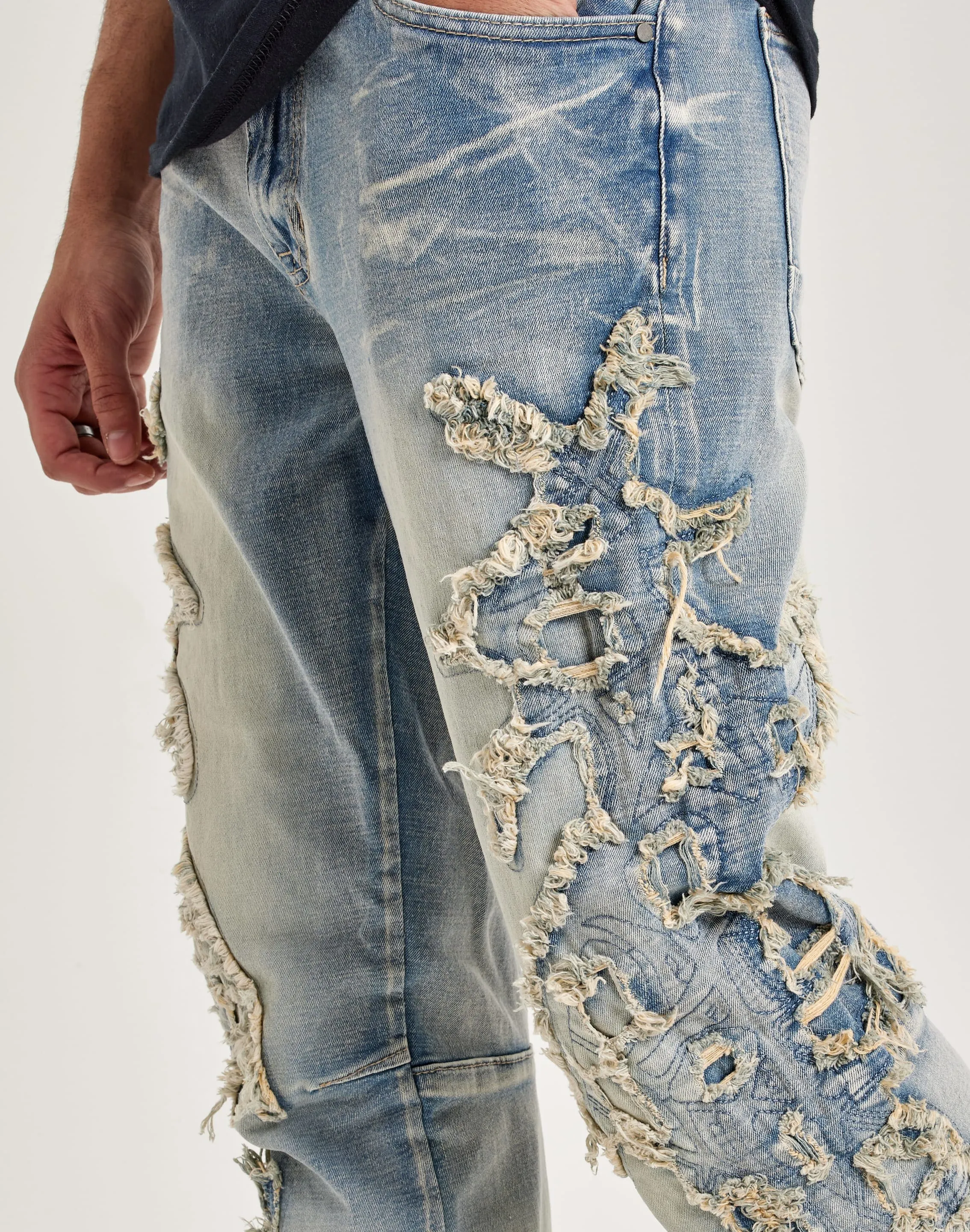 Smoke Rise Frayed Applique Stacked Flare Jeans Sky Cool LightweightKnit