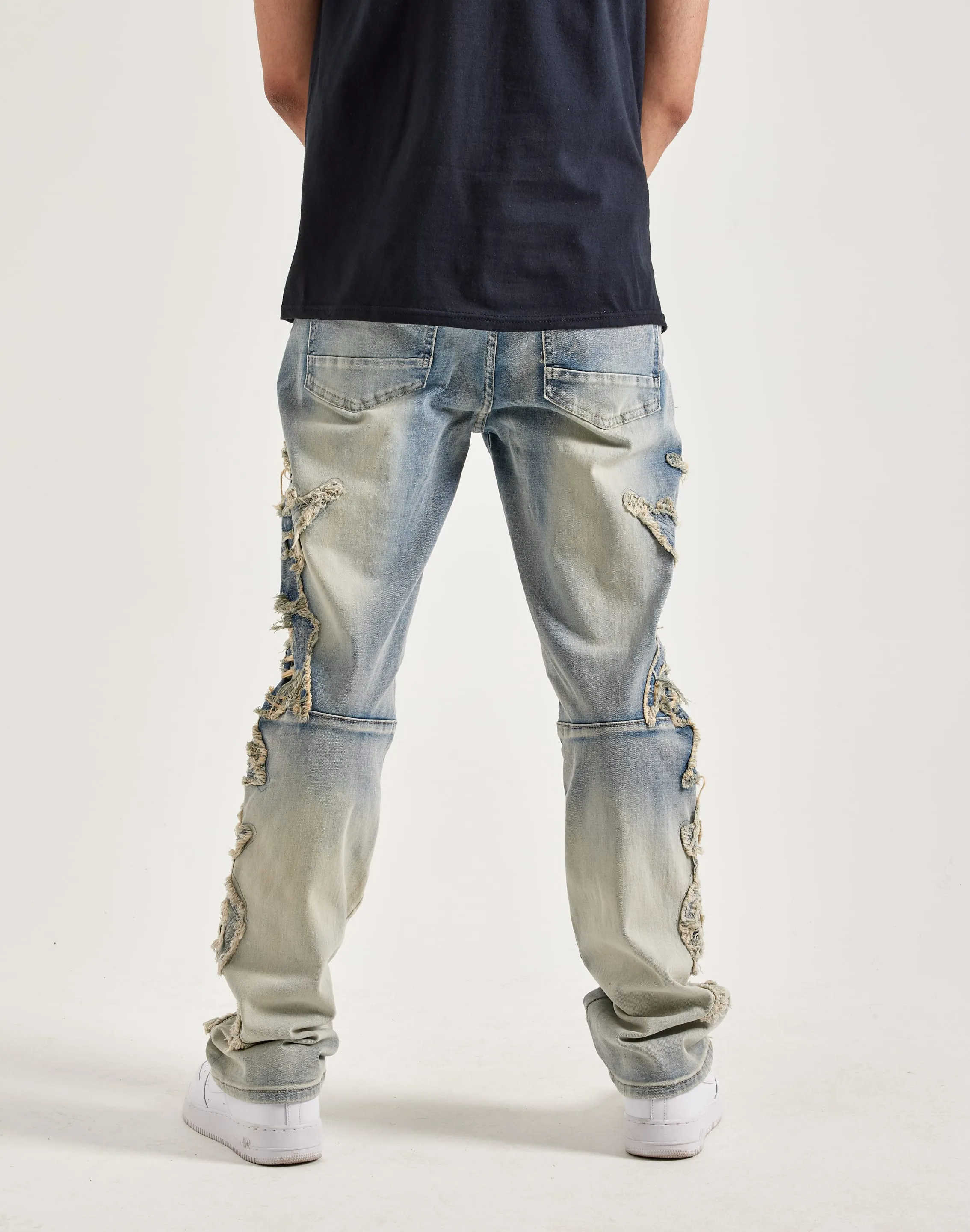 Smoke Rise Frayed Applique Stacked Flare Jeans Snow Core
