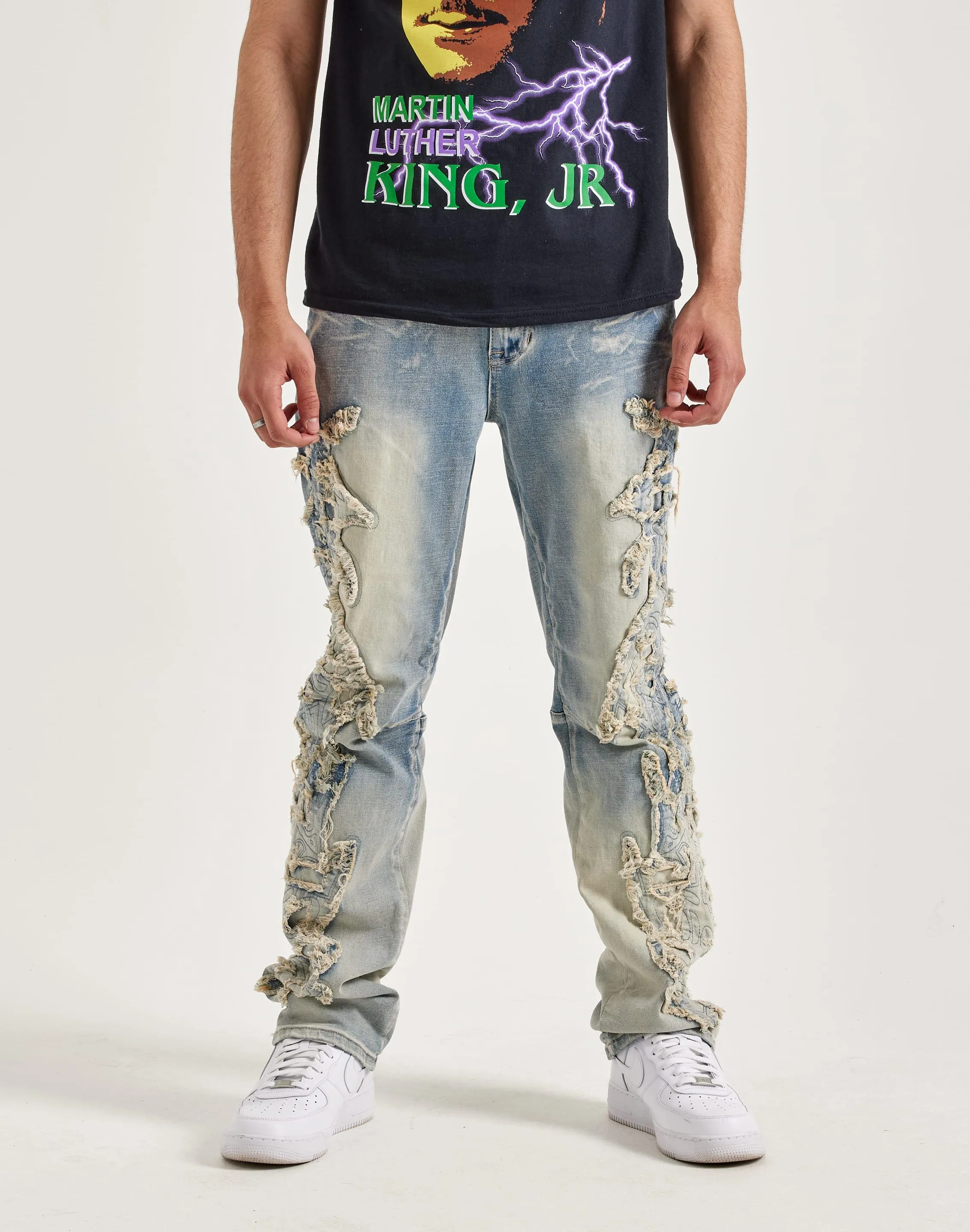 Light Ease Smoke Rise Frayed Applique Stacked Flare Jeans