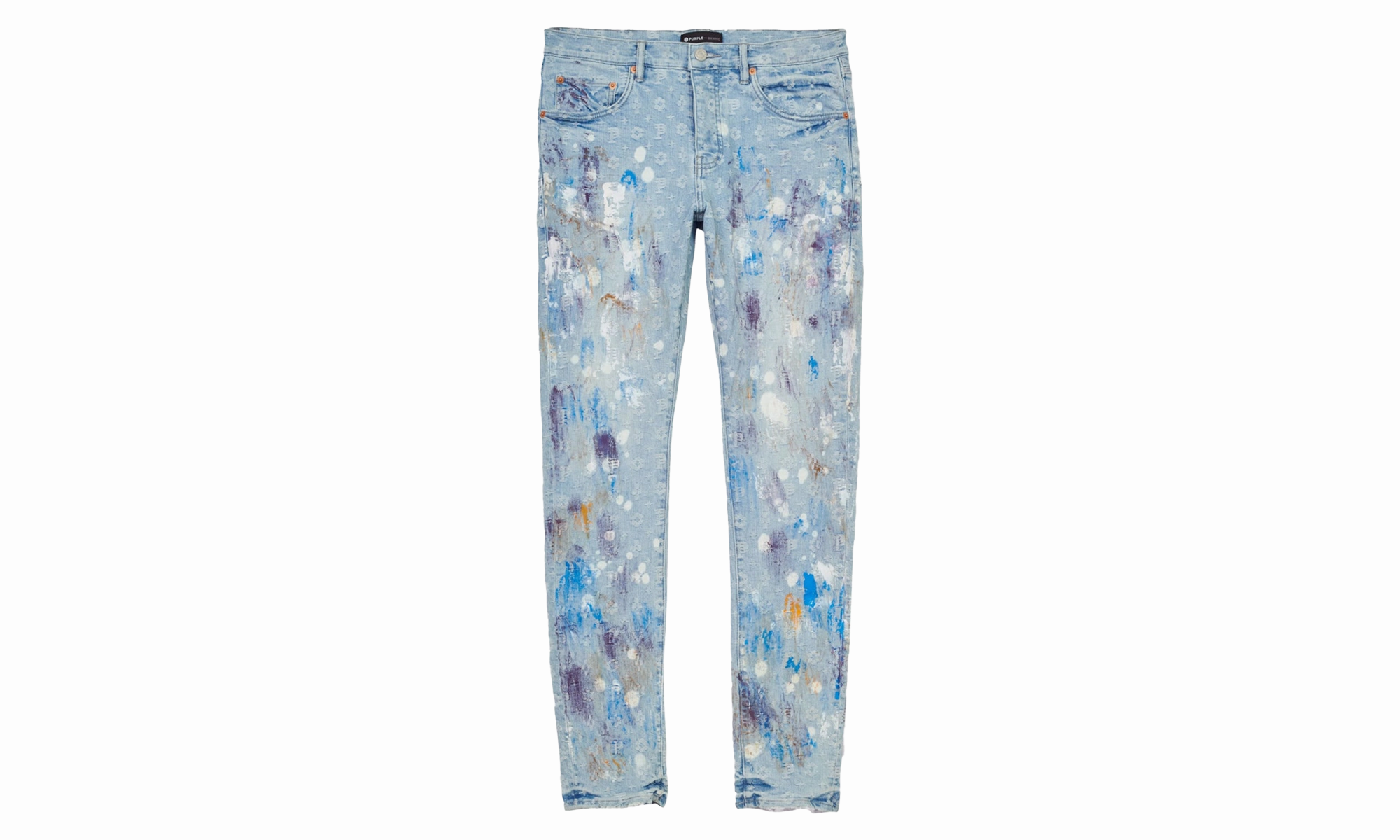 Fashion Daily Flexible Waistband Construction Paint Over Jacquard Monogram Jeans